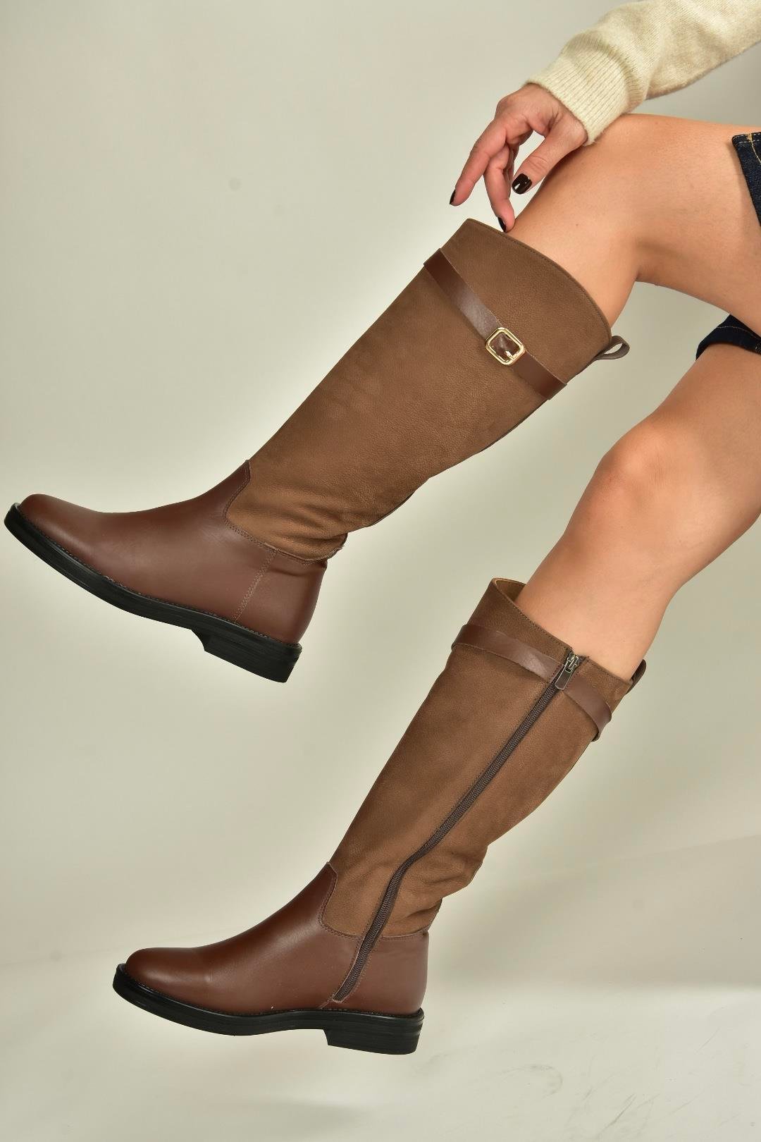 V654002803 Kahverengi Hakiki Deri Düz Tabanlı Binici Çizmesi