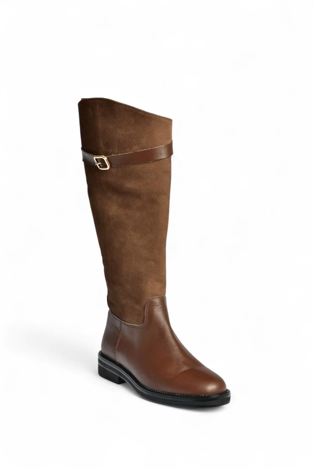 V654002803 Kahverengi Hakiki Deri Düz Tabanlı Binici Çizmesi