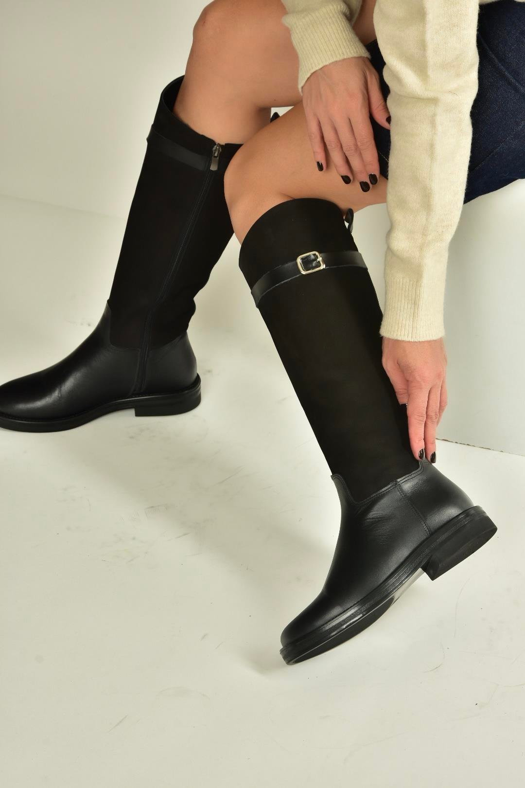 V654002803 Siyah Hakiki Deri Düz Tabanlı Binici Çizmesi