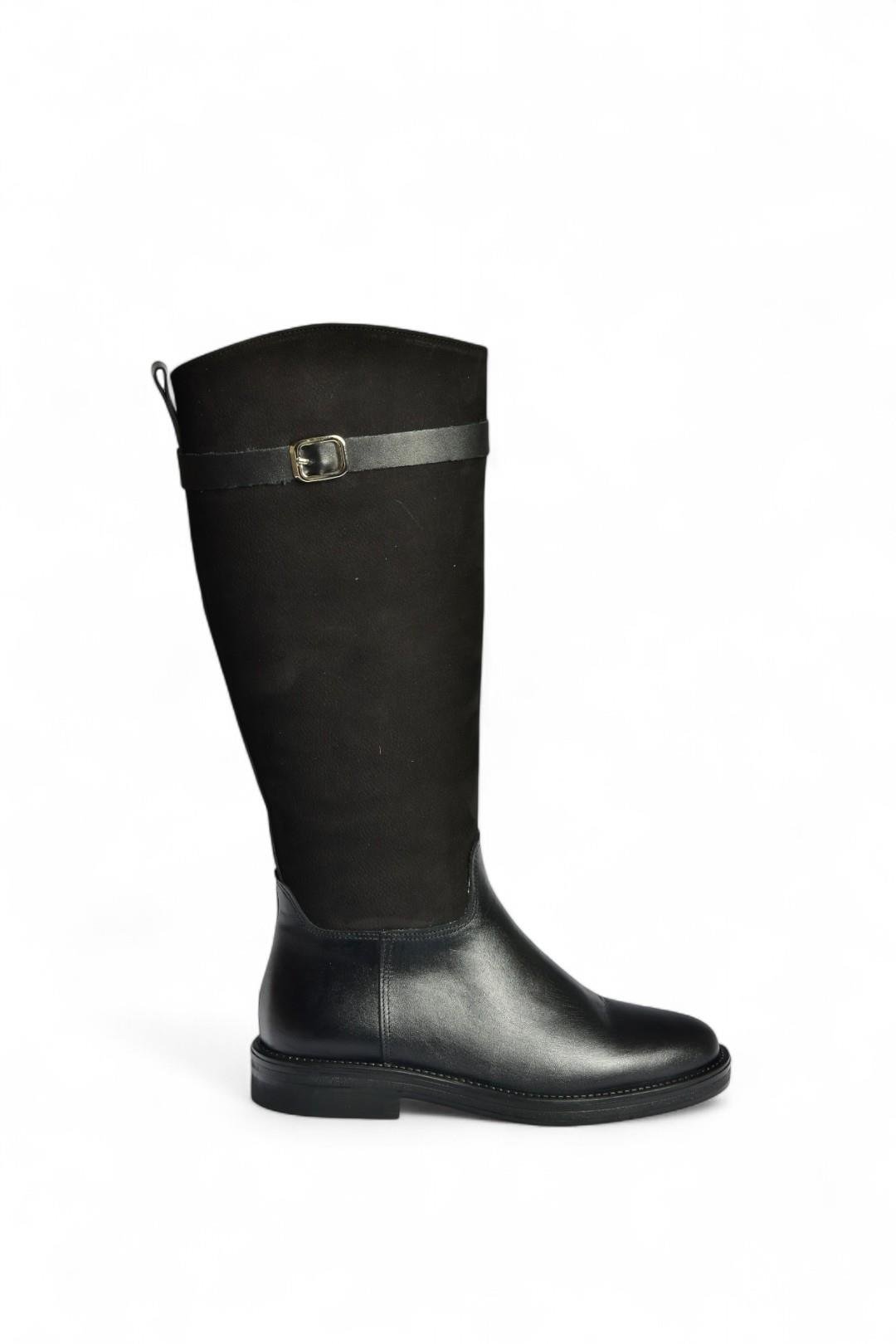 V654002803 Siyah Hakiki Deri Düz Tabanlı Binici Çizmesi