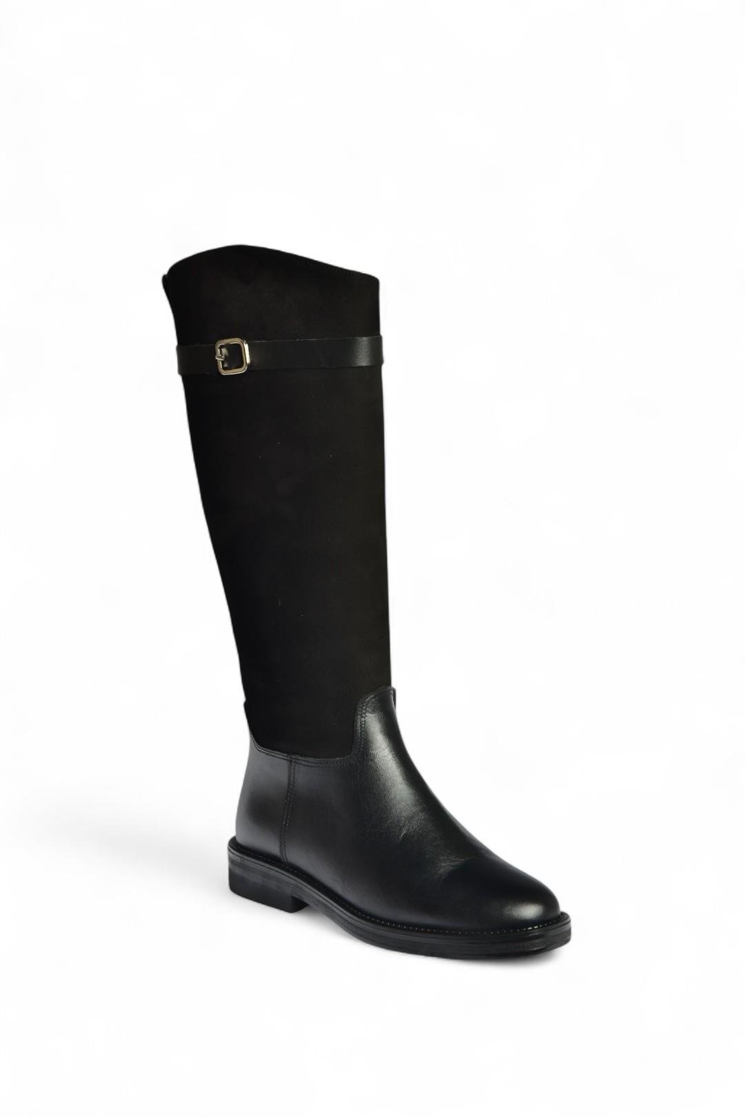 V654002803 Siyah Hakiki Deri Düz Tabanlı Binici Çizmesi