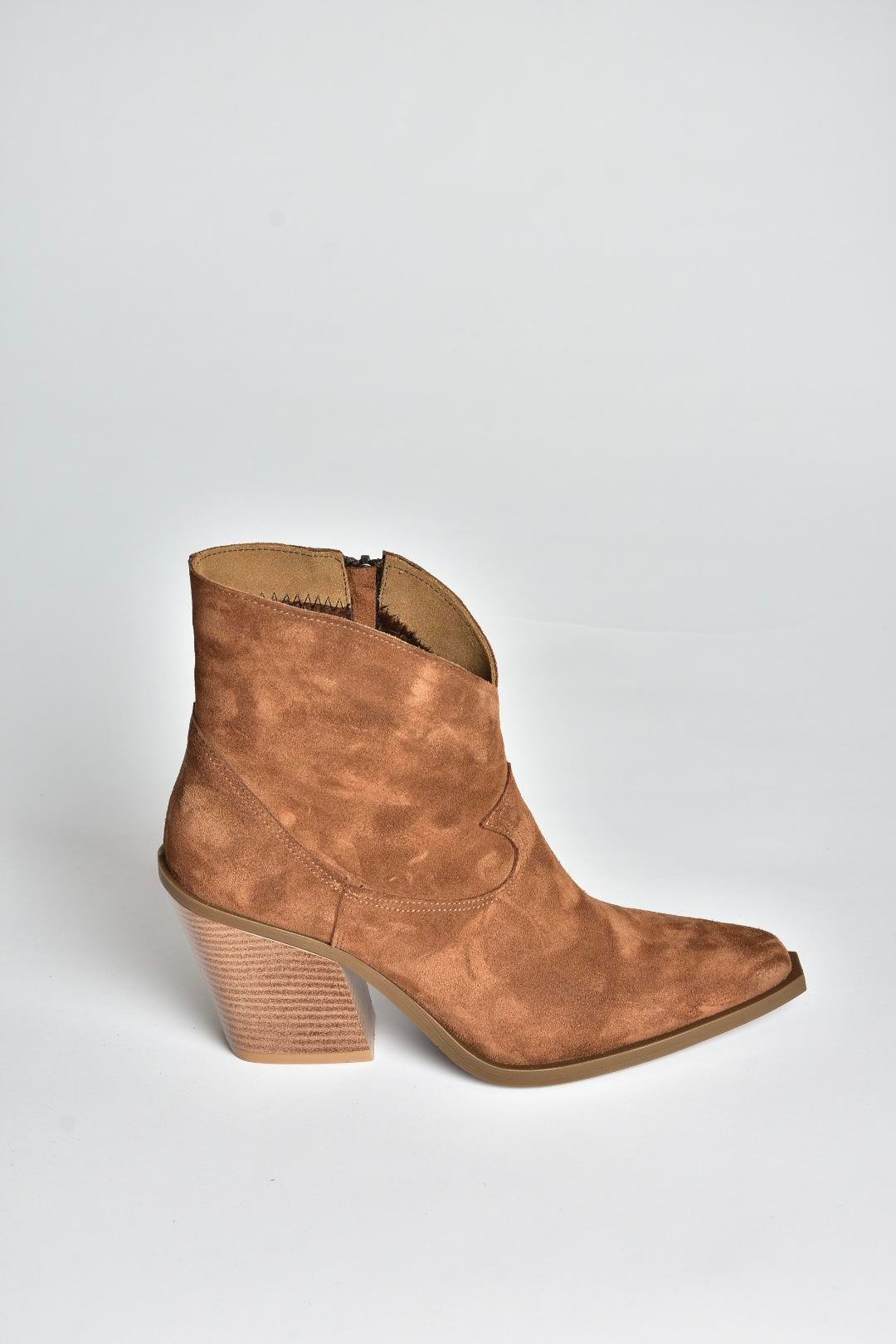 V654081902 Tarçın/Taba Hakiki Deri Süet Kalın Topuklu Western Kovboy Kadın Bot