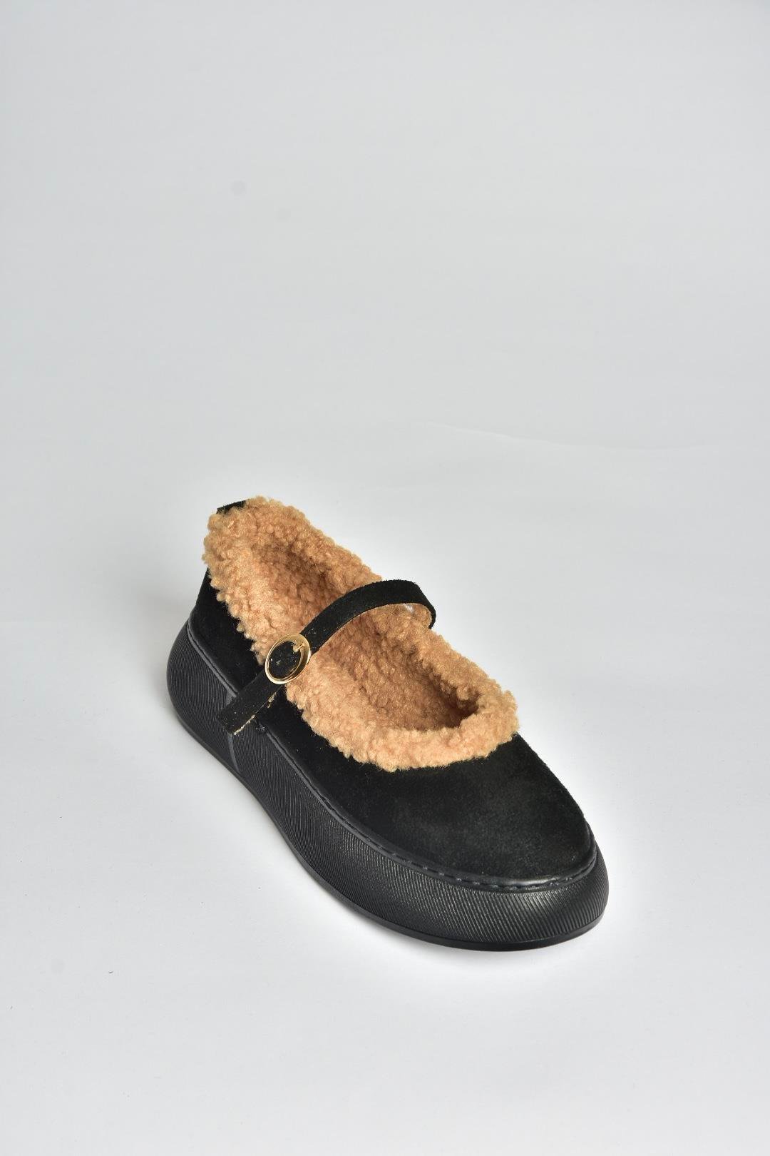 V811269502 Siyah Süet İçi Kürklü Günlük Kadın Ayakkabı