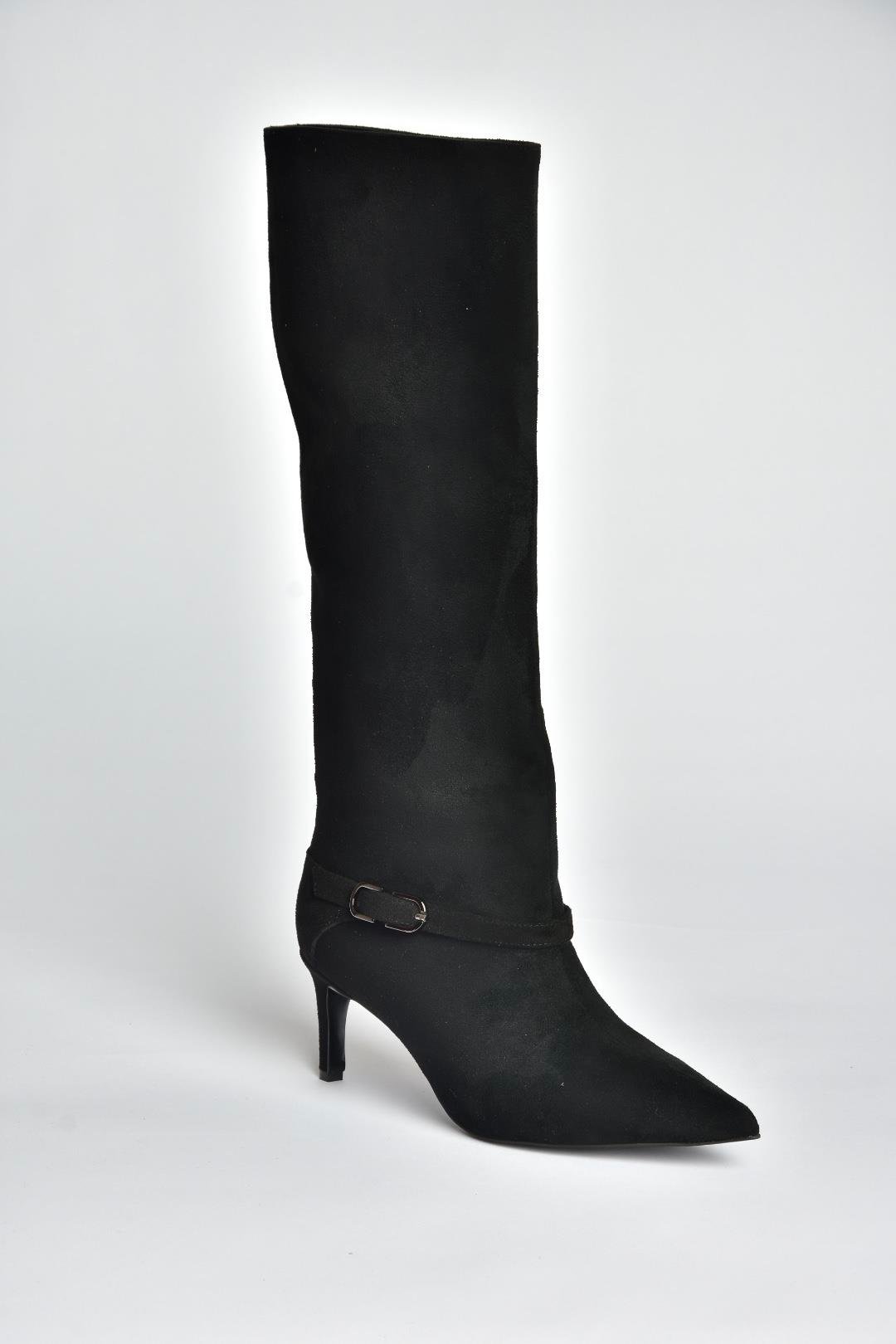V820143202 Siyah Süet İnce Topuklu Klasik Kadın Çizme
