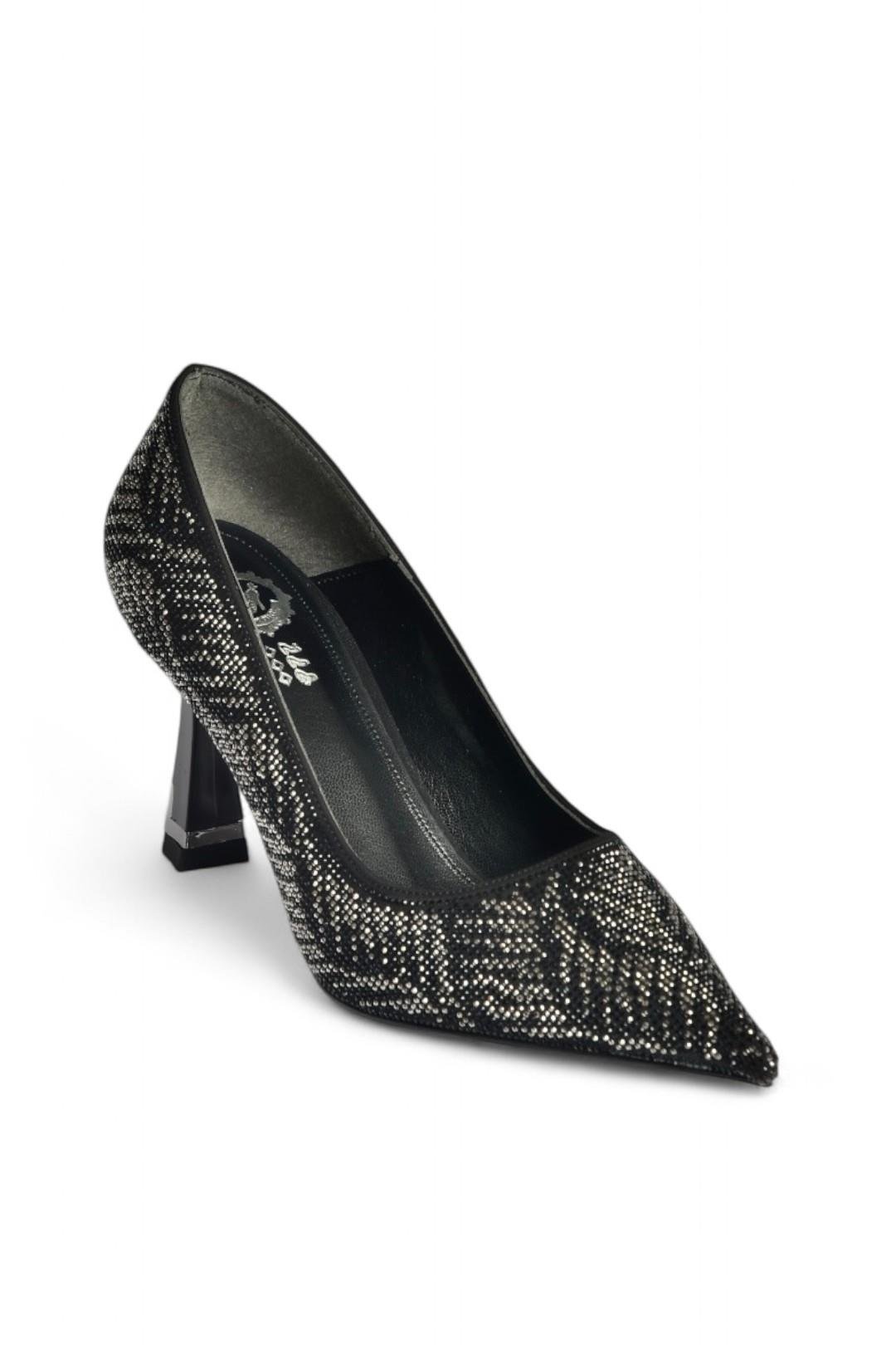 V820177009 Siyah Taş Detaylı Kalın Topuklu Kadın Abiye Ayakkabı