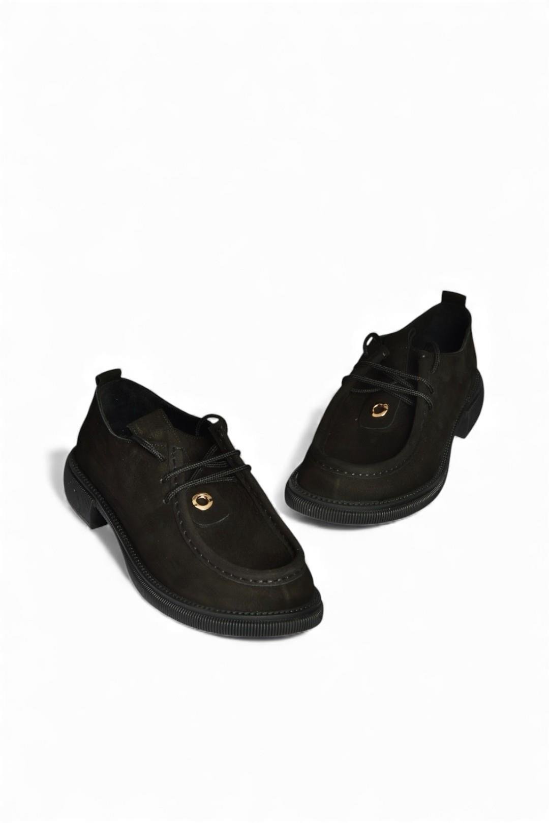 V944085601 Siyah Hakiki Deri Nubuk Bağcıklı Günlük Kadın Ayakkabı