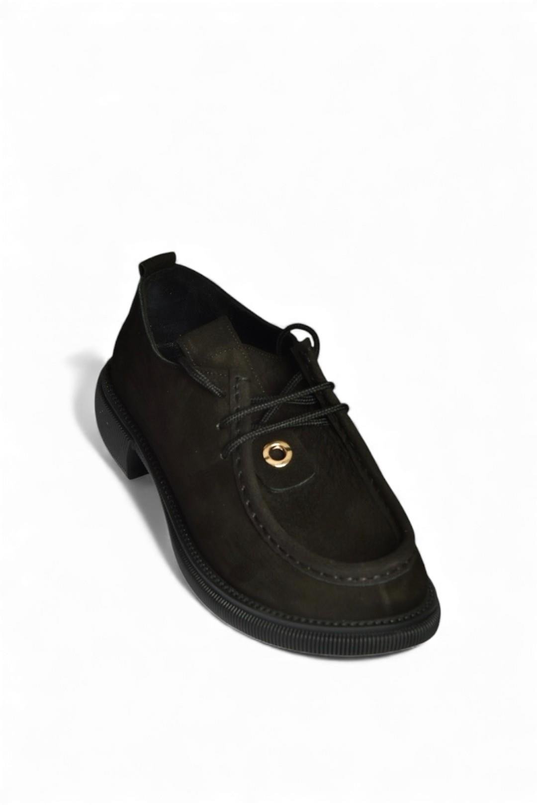 V944085601 Siyah Hakiki Deri Nubuk Bağcıklı Günlük Kadın Ayakkabı