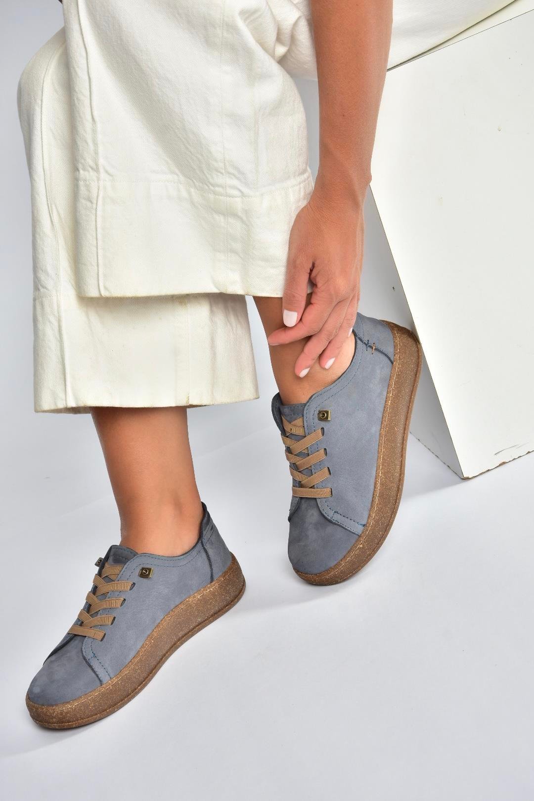 V999060501 Mavi Hakiki Deri Nubuk Kadın Spor Ayakkabı Sneakers