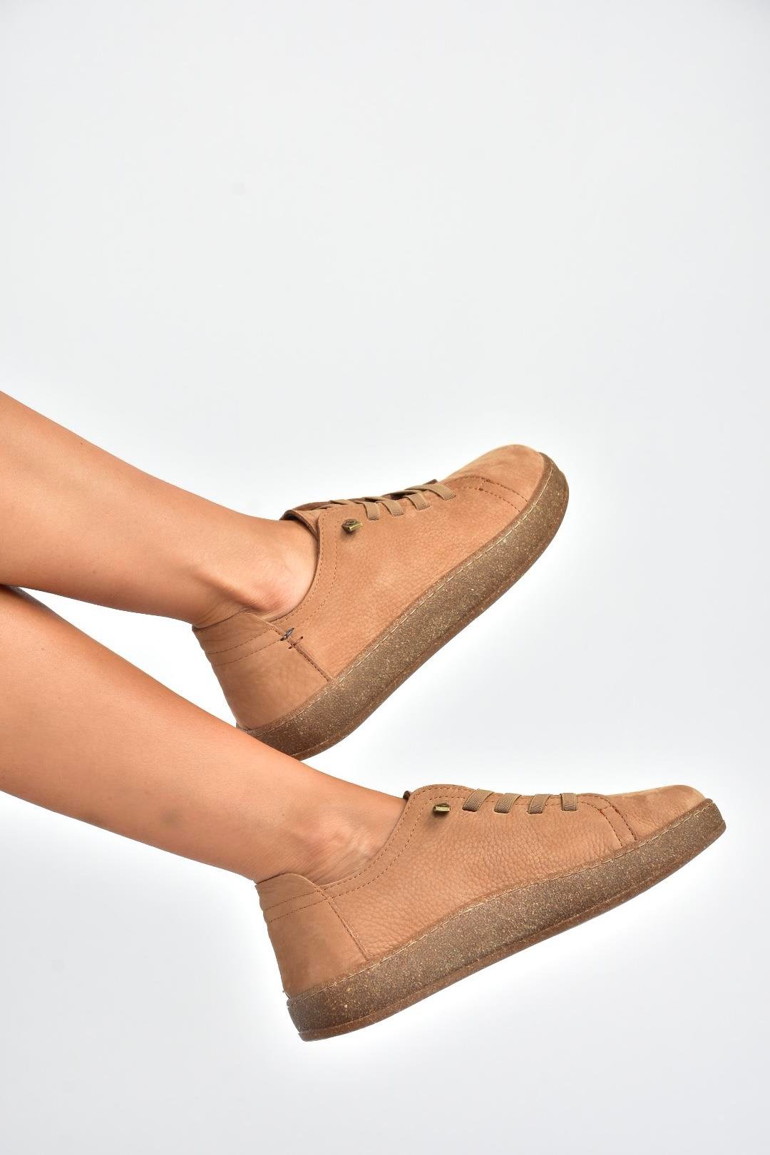 V999060501 Taba Hakiki Deri Nubuk Kadın Spor Ayakkabı Sneakers