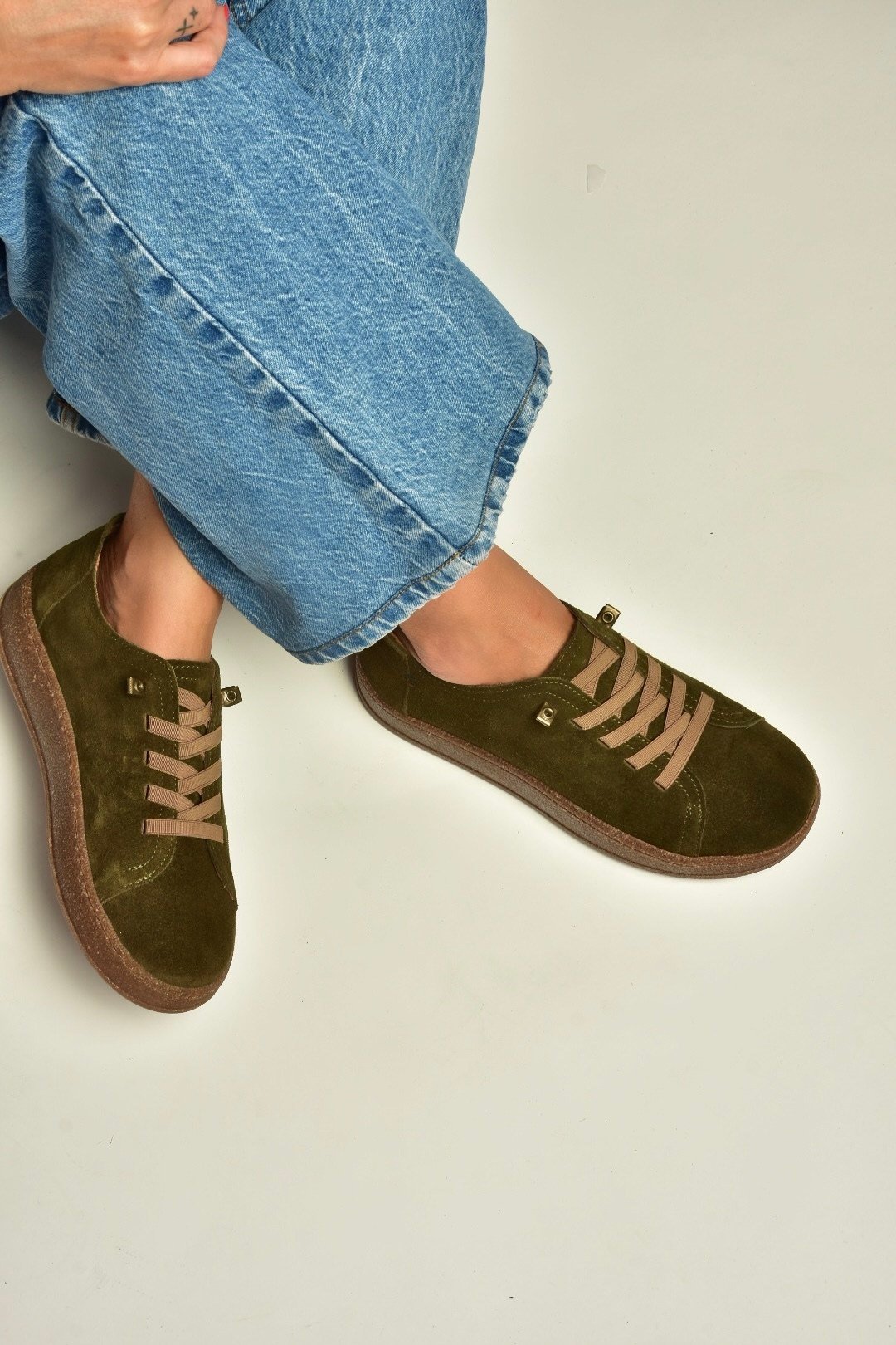 V999060502 Haki Hakiki Deri Süet Kadın Spor Ayakkabı Sneakers