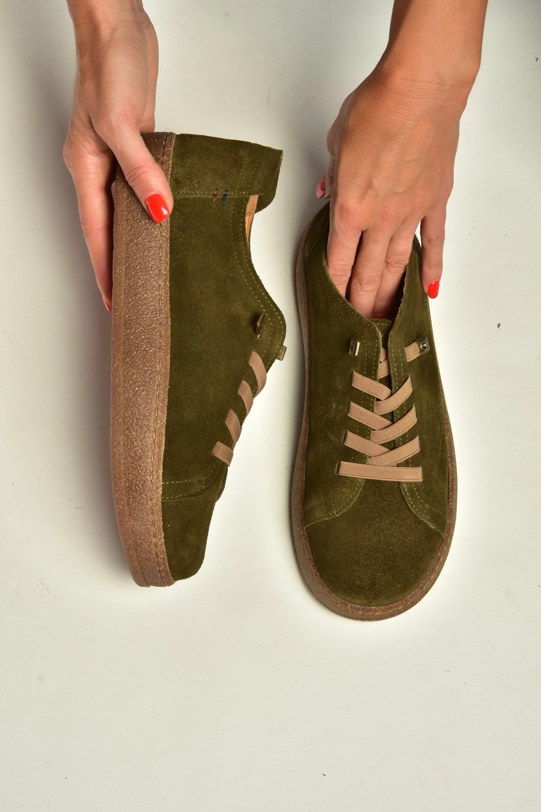 V999060502 Haki Hakiki Deri Süet Kadın Spor Ayakkabı Sneakers