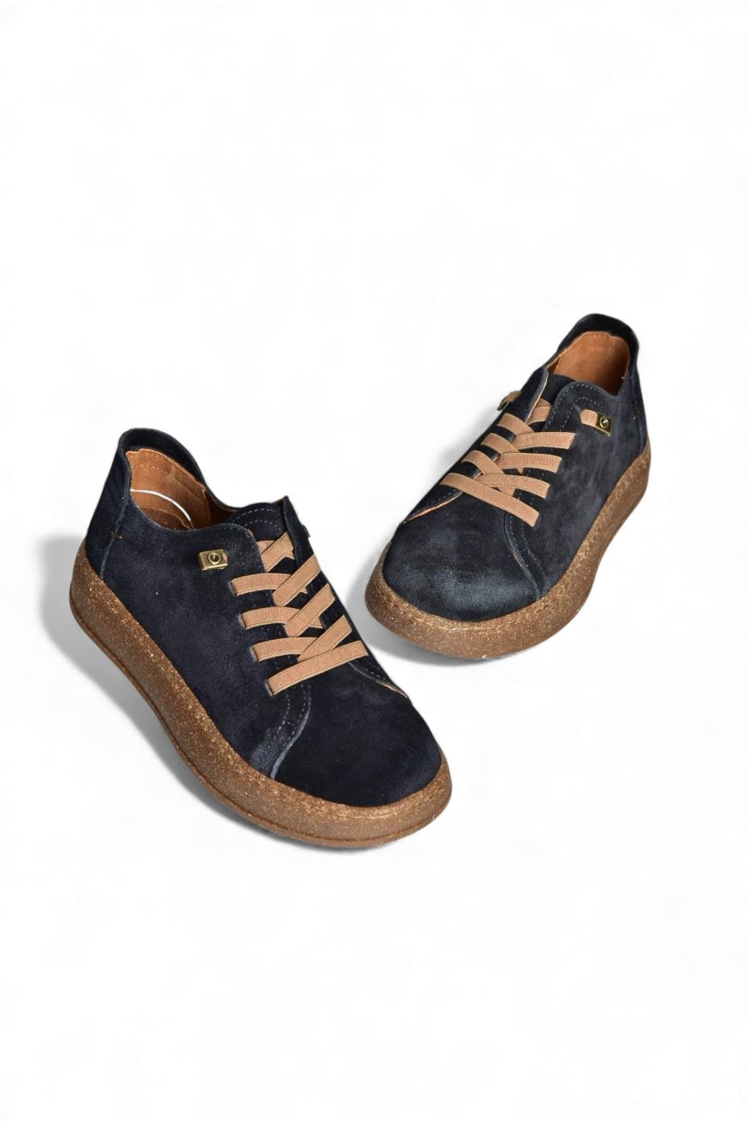 V999060502 Lacivert Hakiki Deri Süet Kadın Spor Ayakkabı Sneakers