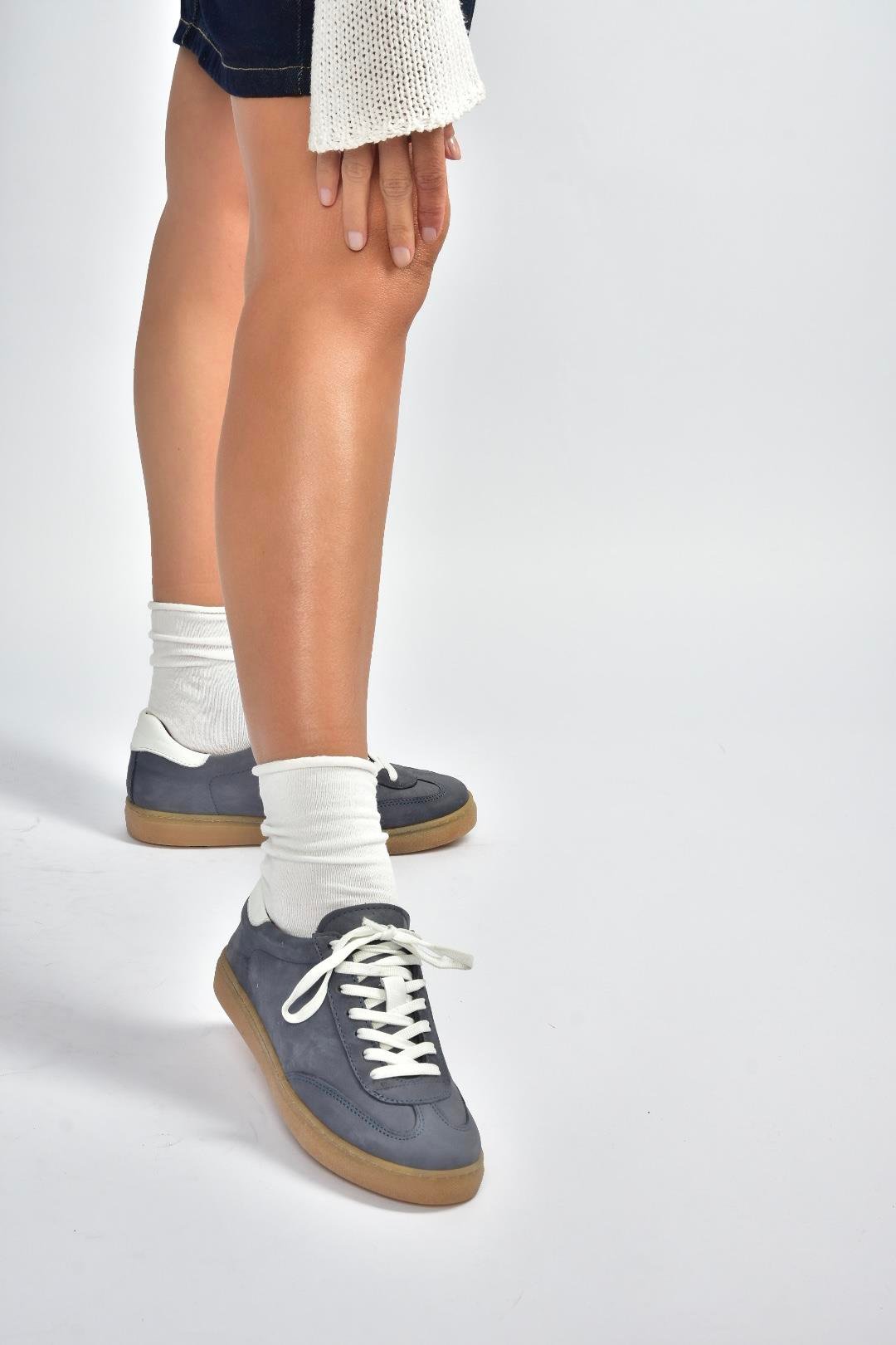 V999061501 Lacivert Hakiki Deri Nubuk Kadın Spor Ayakkabı Sneakers