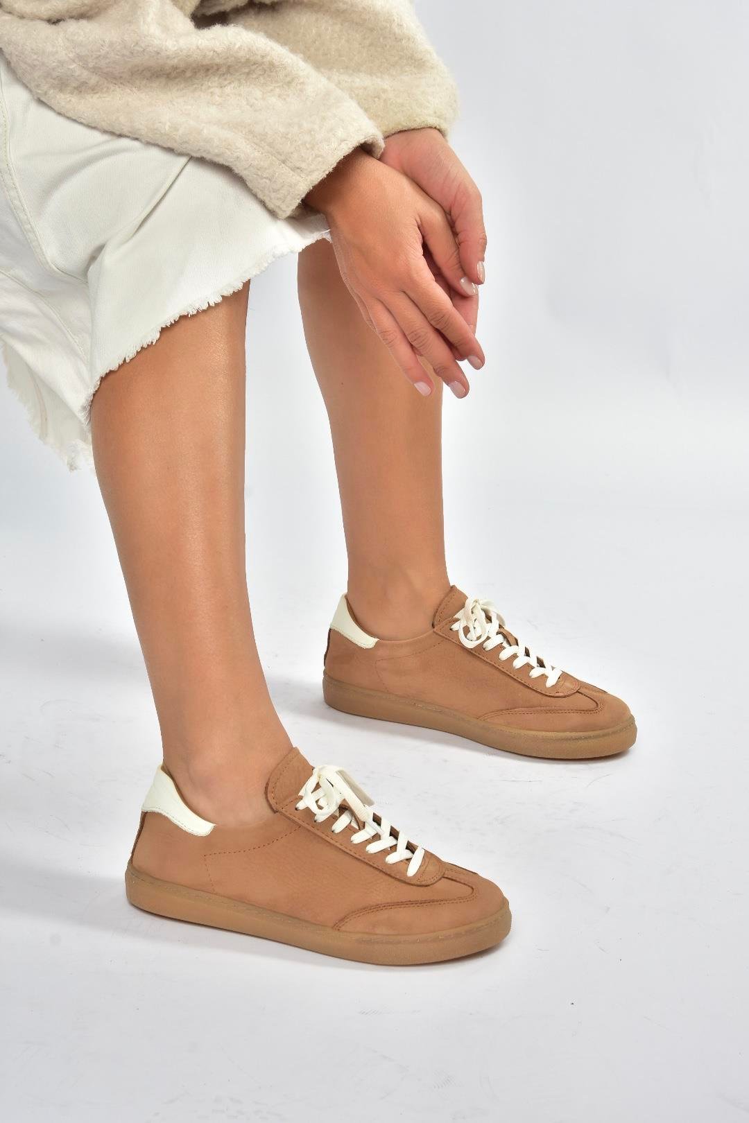 V999061501 Taba Hakiki Deri Nubuk Kadın Spor Ayakkabı Sneakers