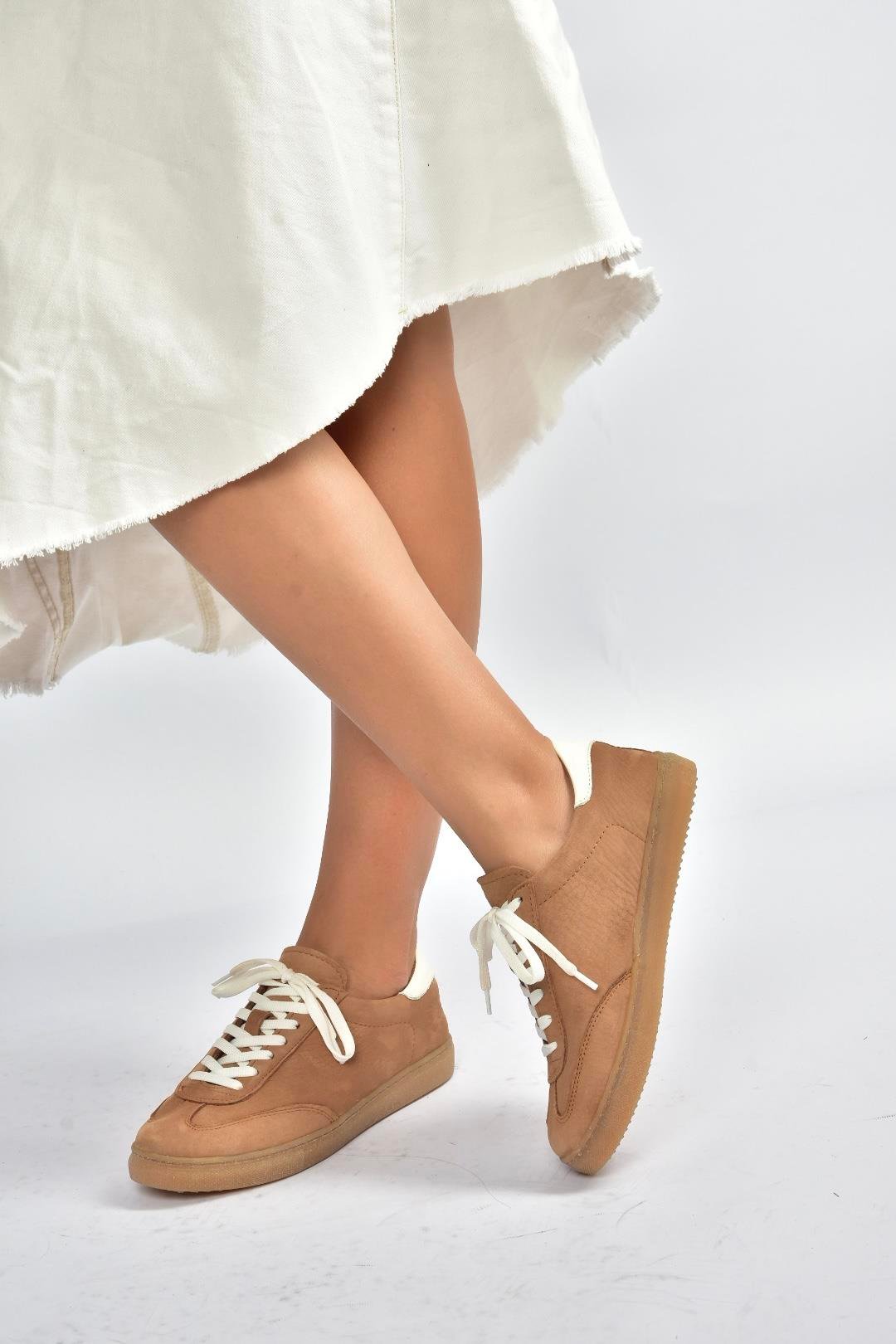 V999061501 Taba Hakiki Deri Nubuk Kadın Spor Ayakkabı Sneakers