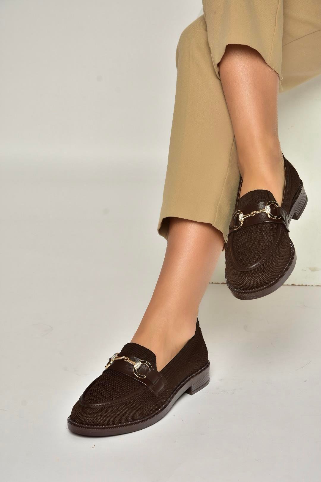 Y330722104 Kahverengi Triko Kumaş Toka Detaylı Günlük Kadın Ayakkabı