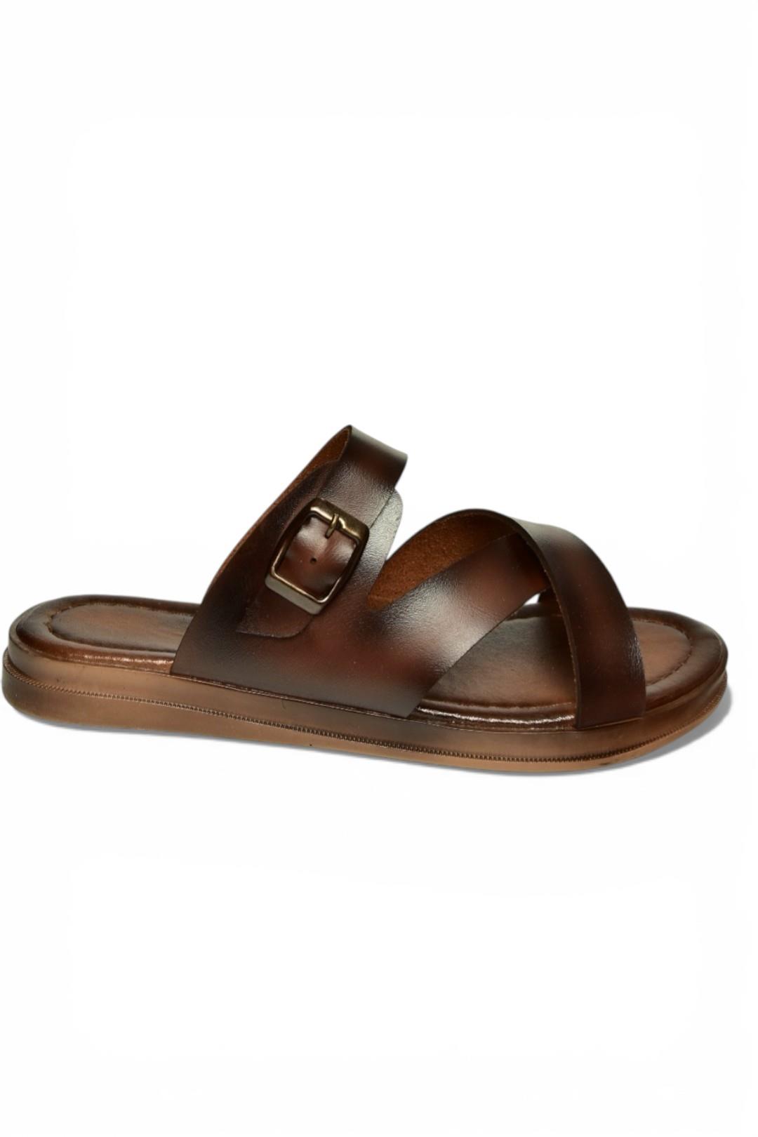 Y390073703 Kahverengi Hakiki Deri Kadın Terlik