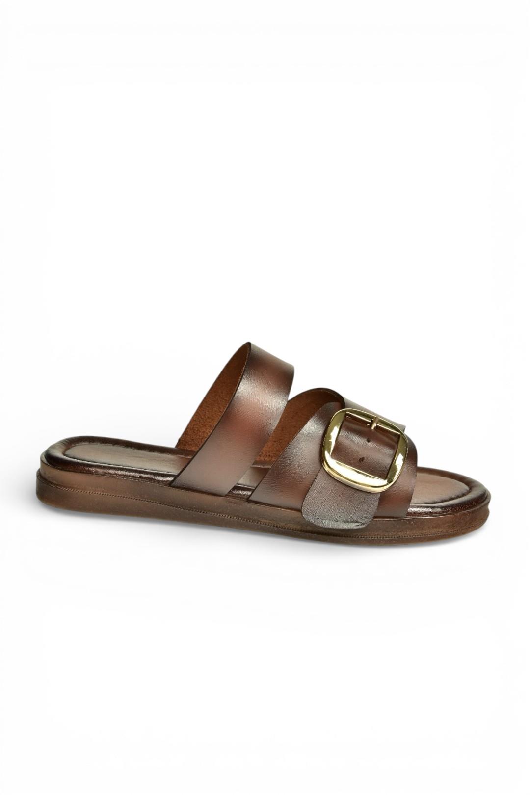 Y390350703 Kahverengi Hakiki Deri Kadın Terlik