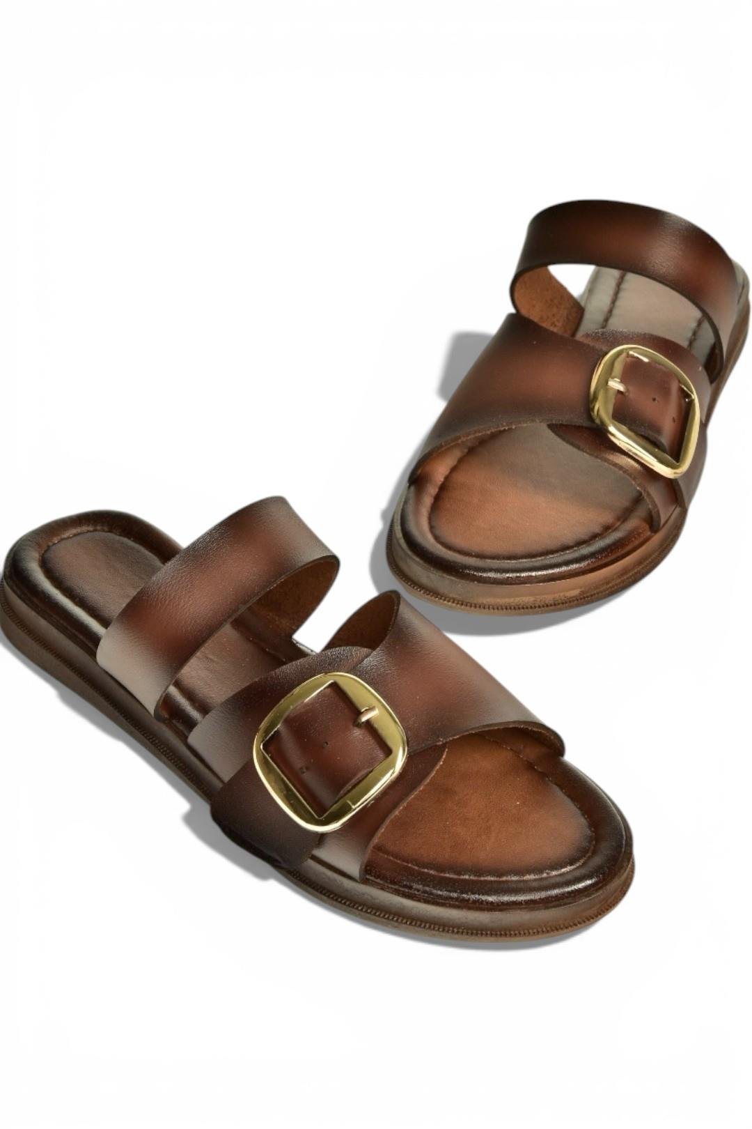 Y390350703 Kahverengi Hakiki Deri Kadın Terlik