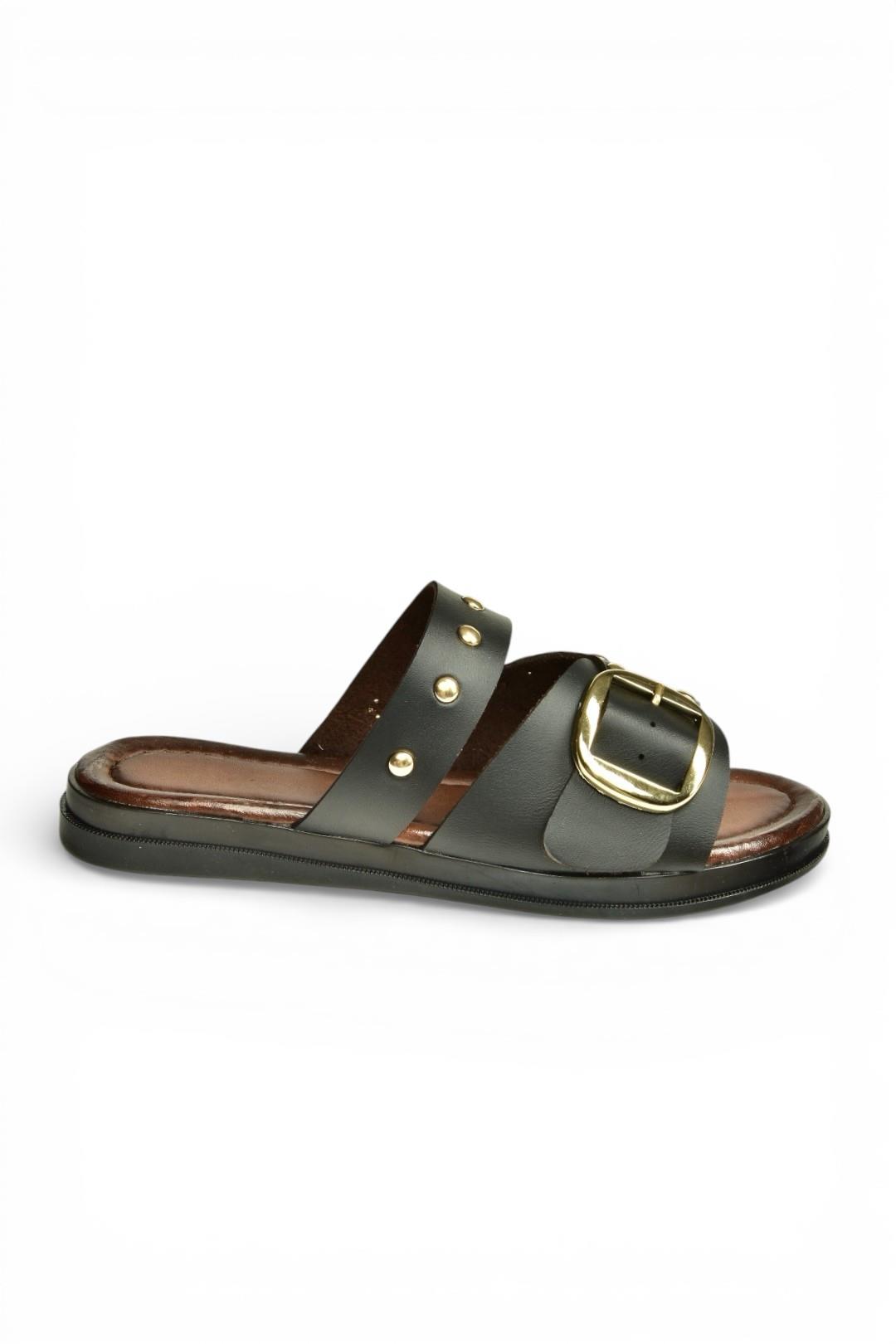 Y390450703 Siyah Hakiki Deri Zımba Detaylı Kadın Terlik