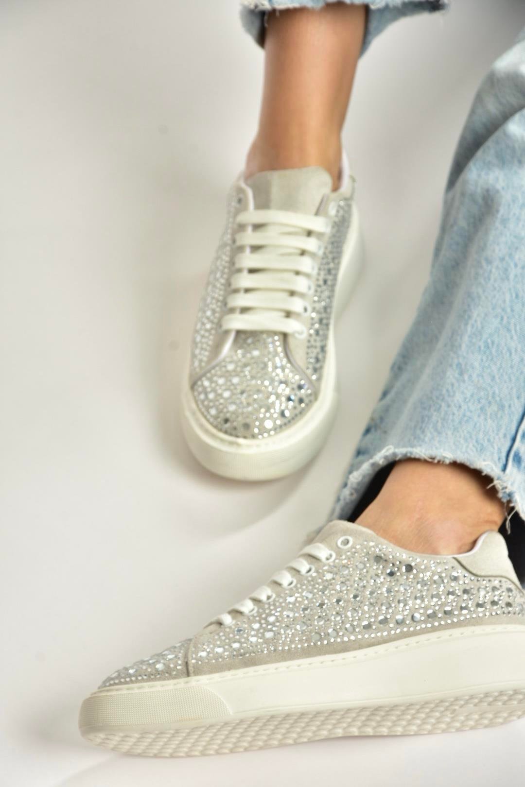 Y444708402 Gümüş Süet Taş Detaylı Kadın Spor Ayakkabı Sneakers