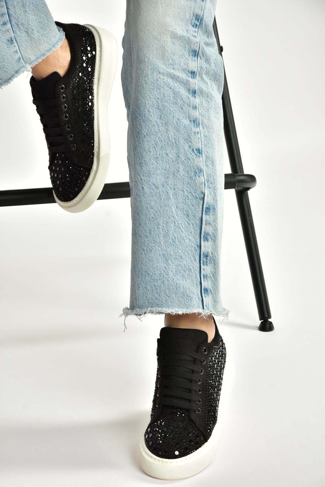 Y444708402 Siyah Süet Taş Detaylı Kadın Spor Ayakkabı Sneakers