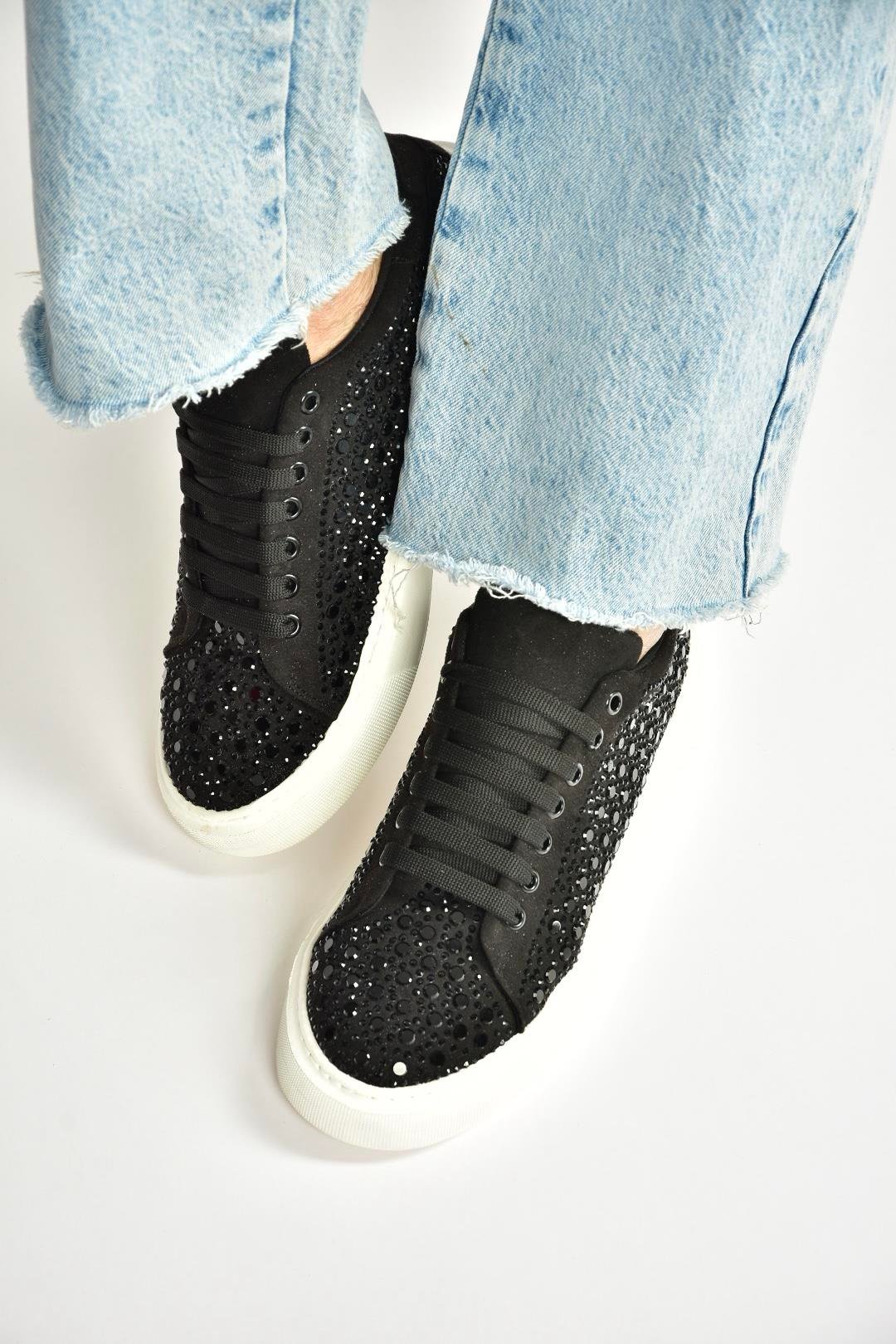 Y444708402 Siyah Süet Taş Detaylı Kadın Spor Ayakkabı Sneakers