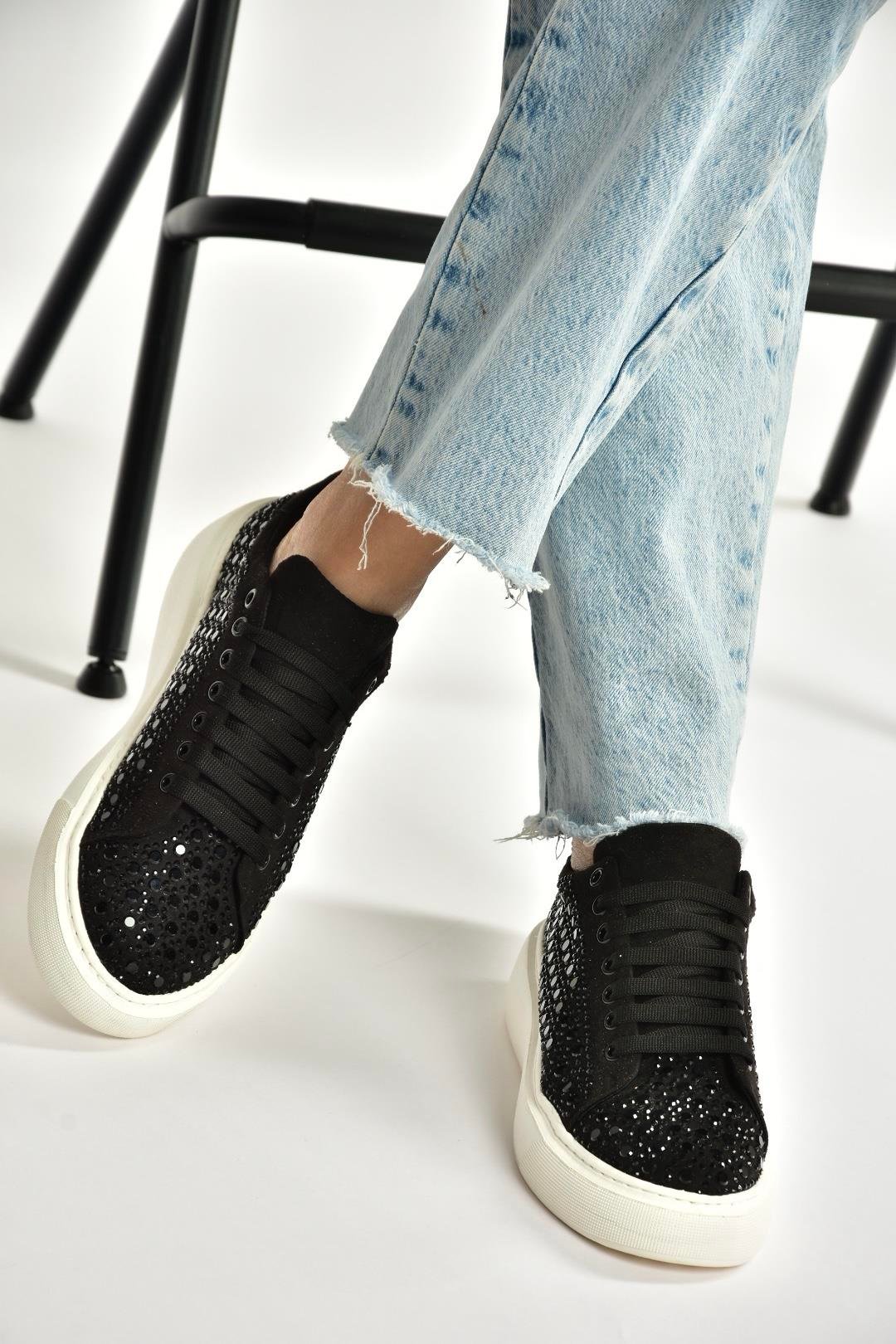 Y444708402 Siyah Süet Taş Detaylı Kadın Spor Ayakkabı Sneakers