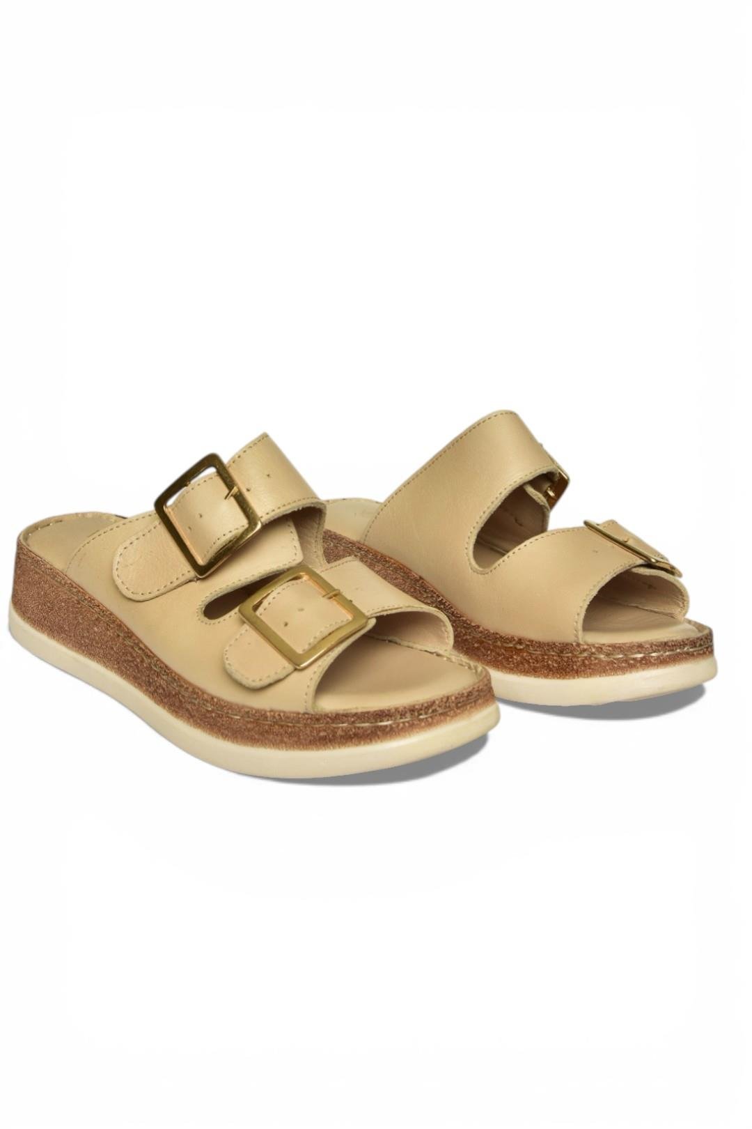 Y555021703 Bej Hakiki Deri Comfort Ortopedik Taban Kadın Terlik