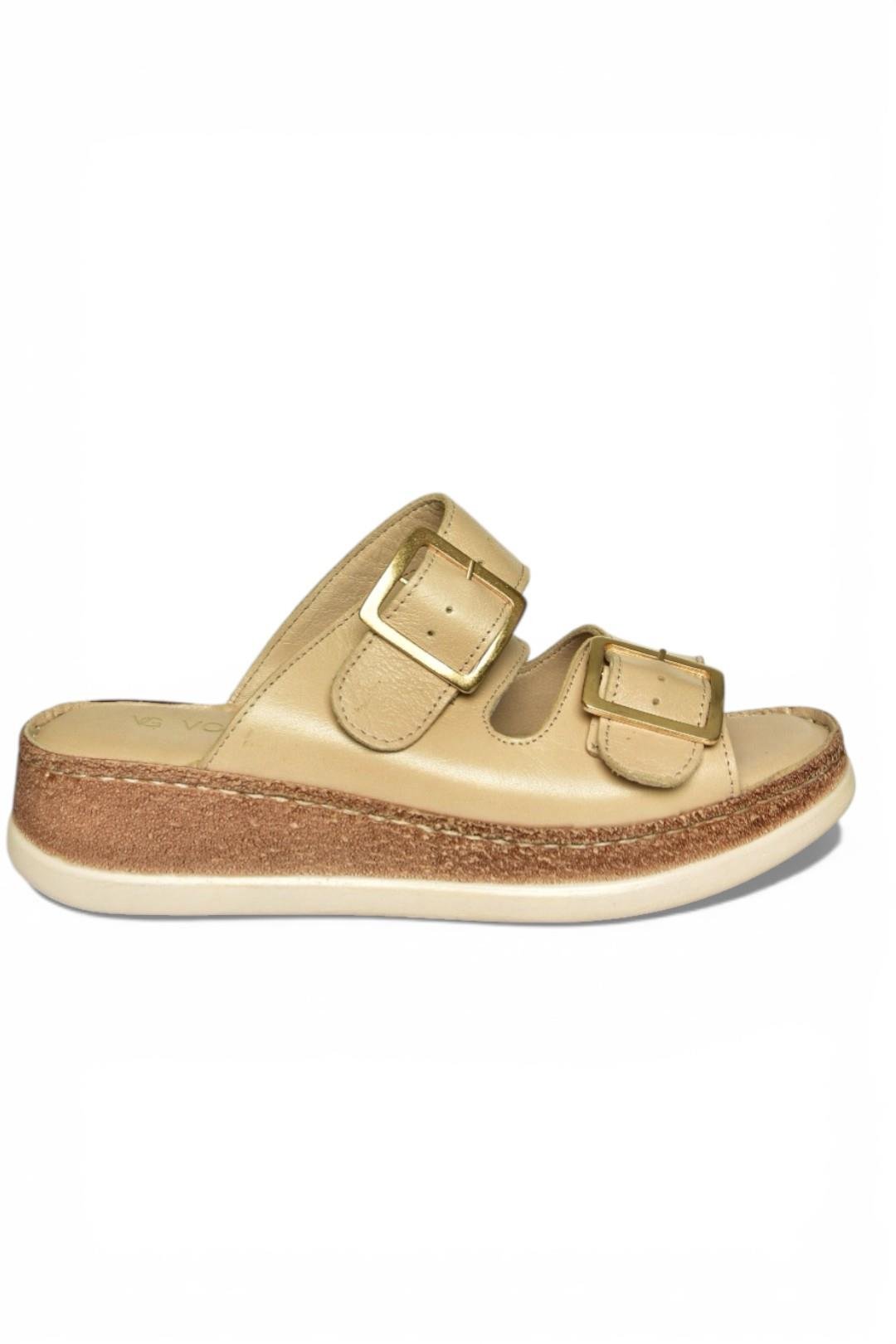 Y555021703 Bej Hakiki Deri Comfort Ortopedik Taban Kadın Terlik