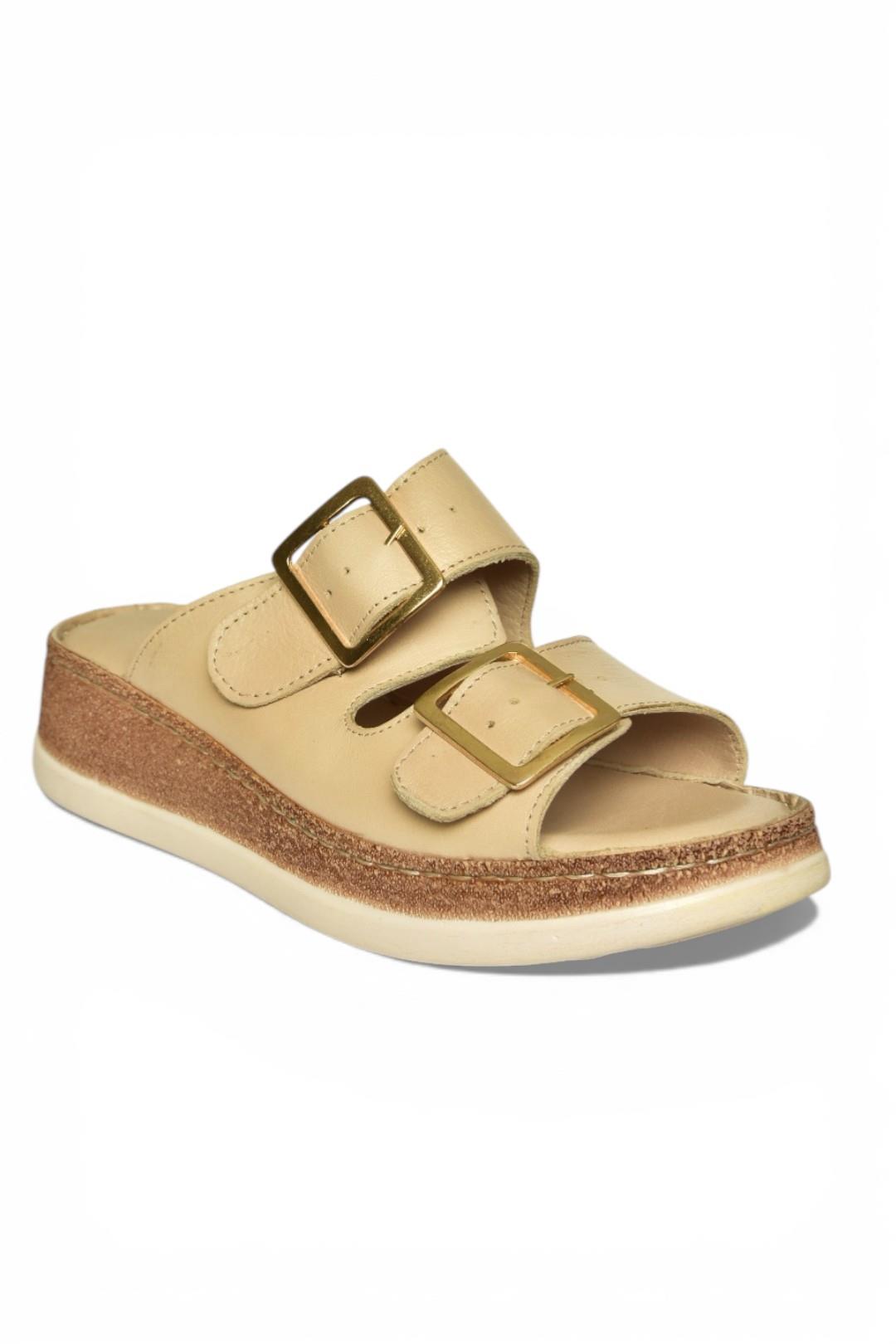 Y555021703 Bej Hakiki Deri Comfort Ortopedik Taban Kadın Terlik