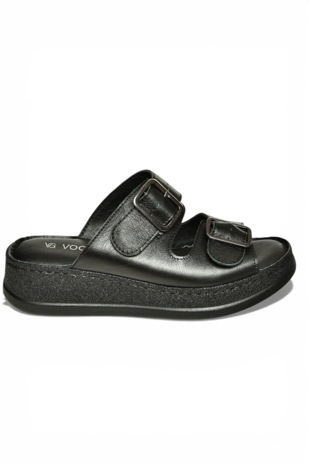 Y555021703 Siyah Hakiki Deri Comfort Ortopedik Taban Kadın Terlik