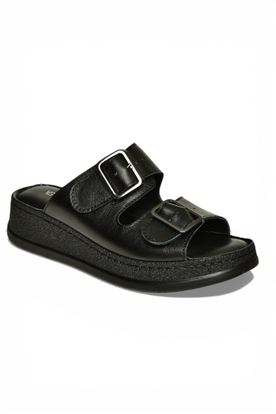 Y555021703 Siyah Hakiki Deri Comfort Ortopedik Taban Kadın Terlik