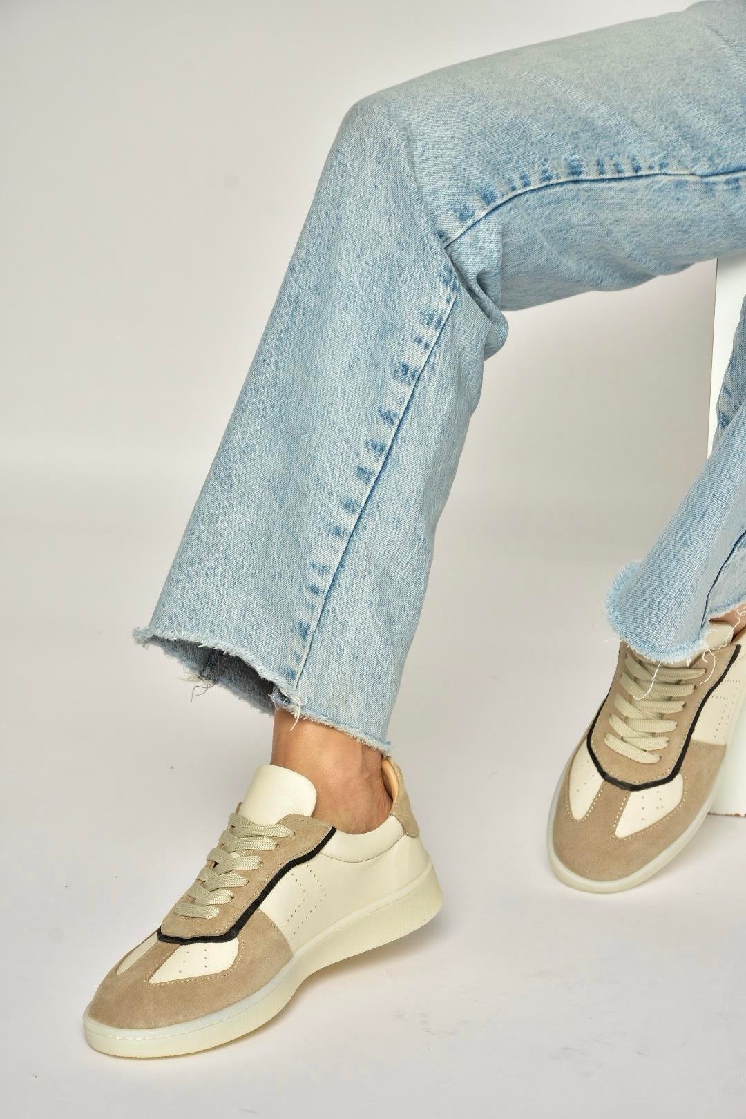 Y555201403 Bej Hakiki Deri Kadın Spor Ayakkabı Sneakers