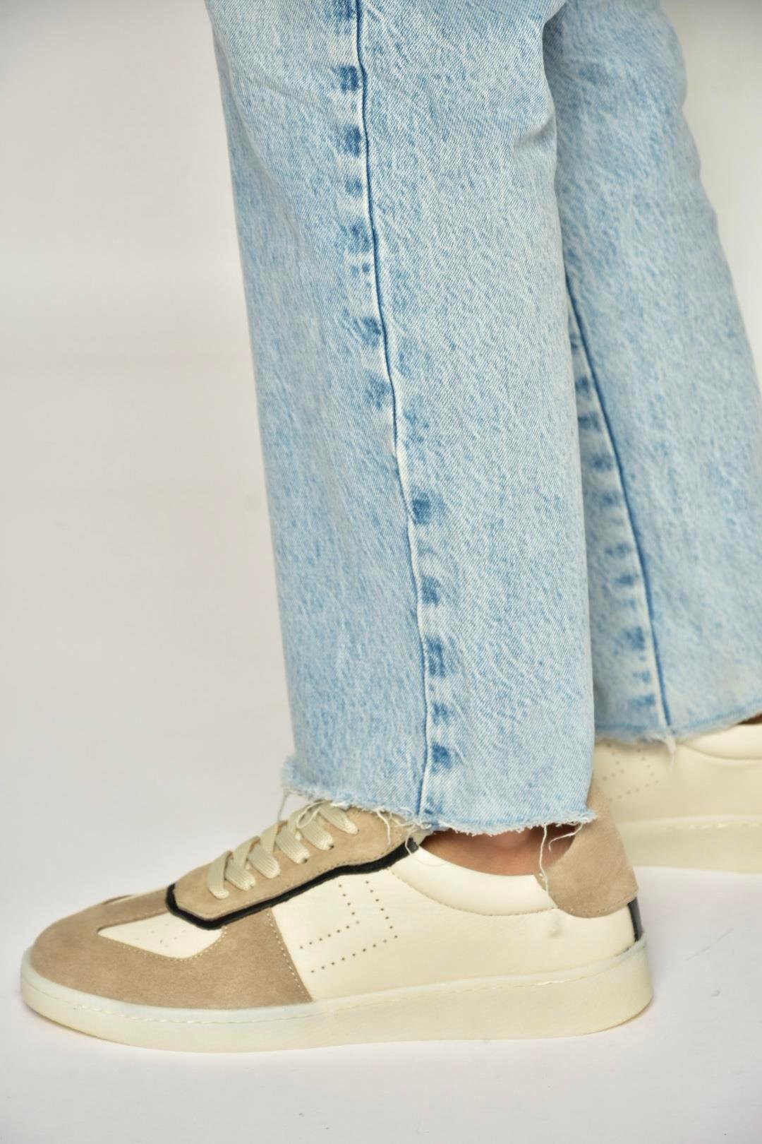 Y555201403 Bej Hakiki Deri Kadın Spor Ayakkabı Sneakers