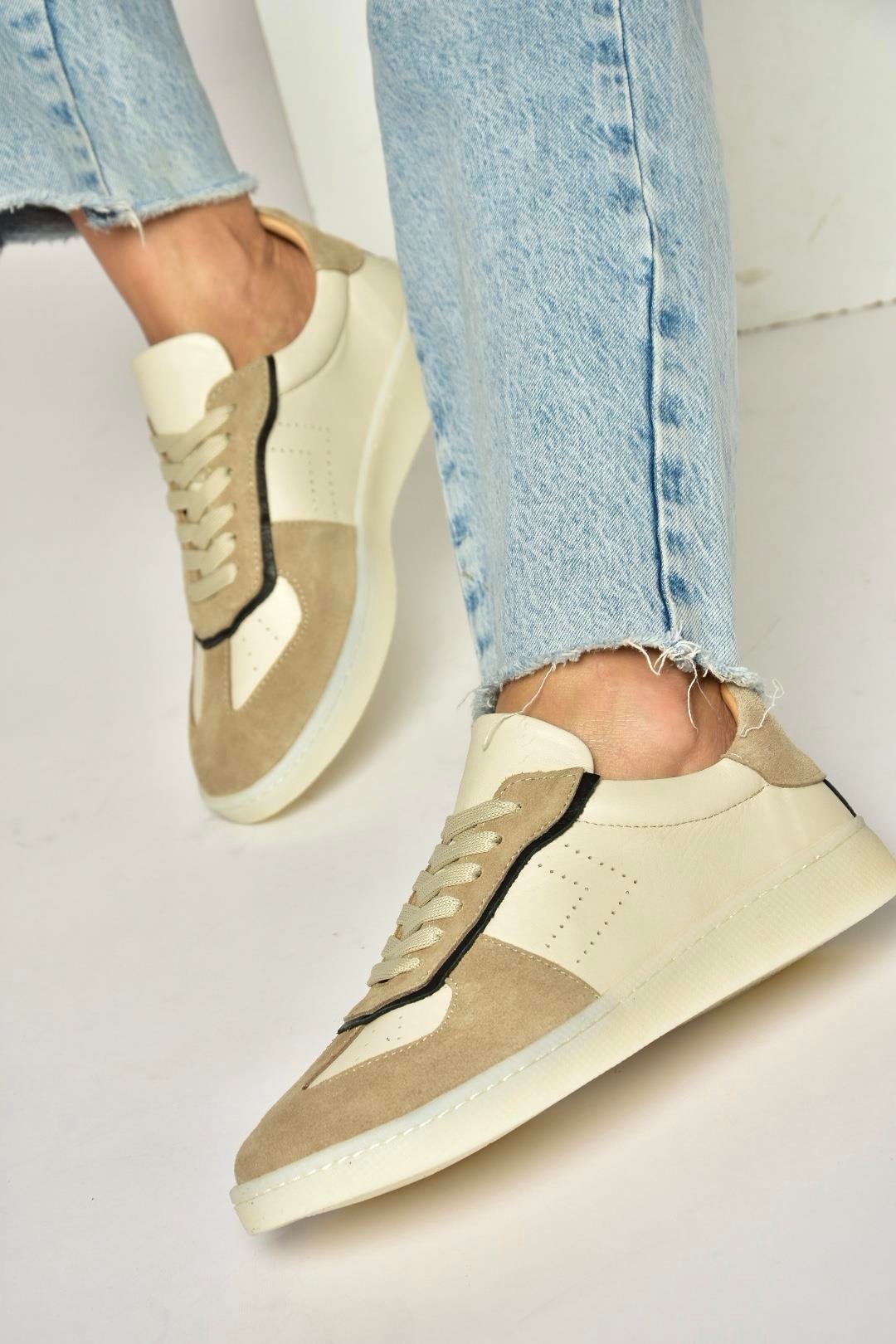 Y555201403 Bej Hakiki Deri Kadın Spor Ayakkabı Sneakers