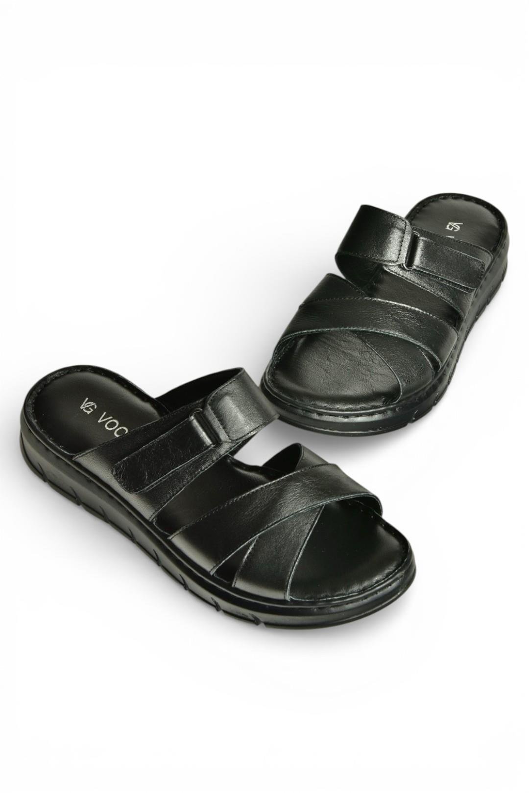 Y555532503 Siyah Hakiki Deri Kadın Terlik