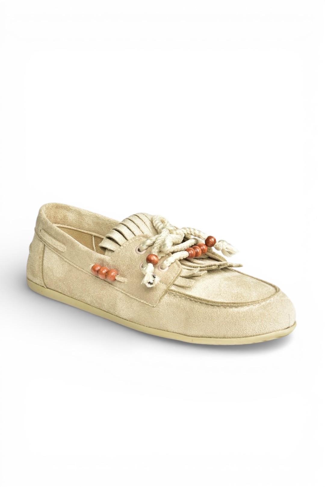 Y602426202 Bej Süet Boncuk Detaylı Günlük Kadın Ayakkabı
