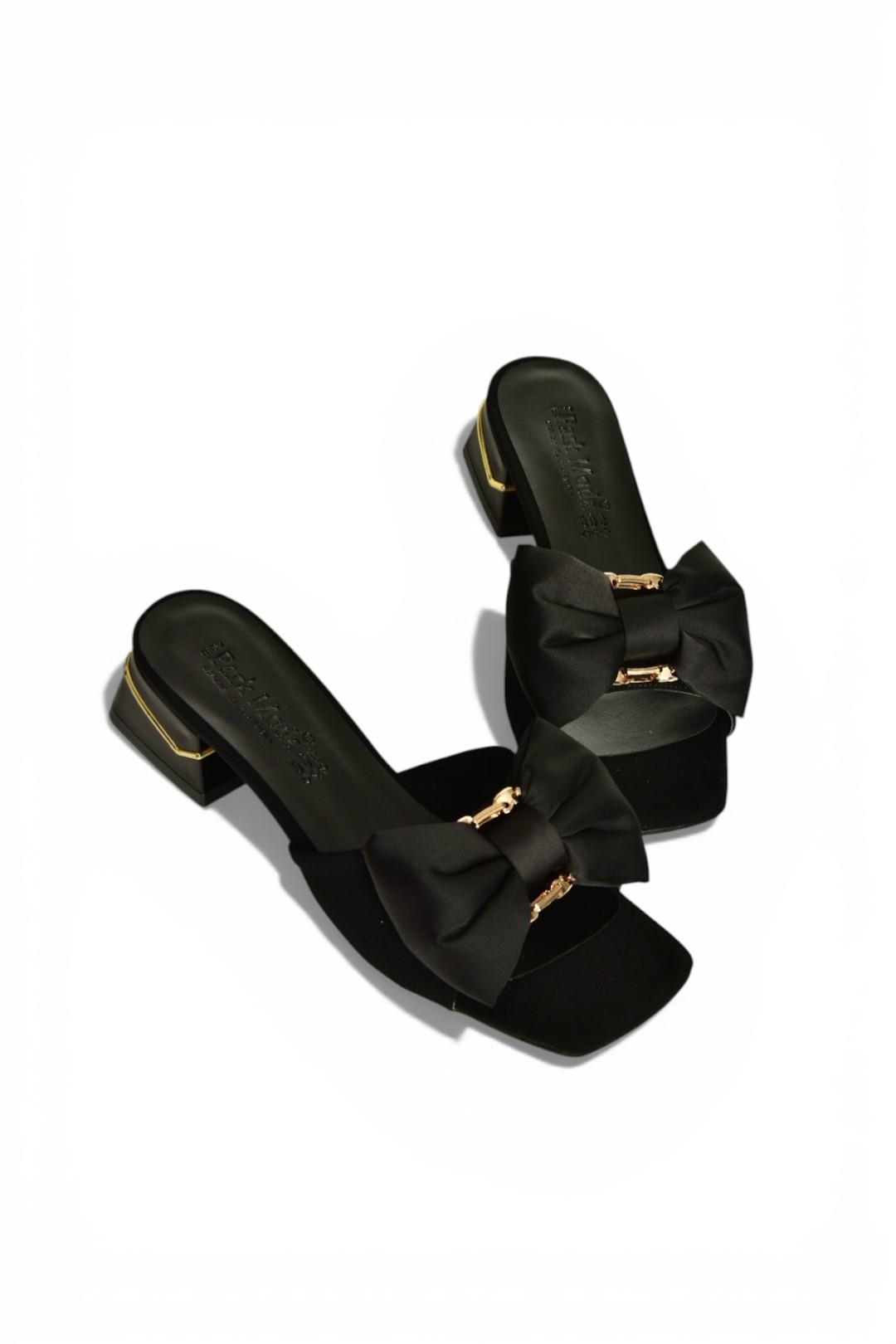 Y820780504 Siyah Kumaş Kalın Topuklu Kurdele Detaylı Kadın Terlik