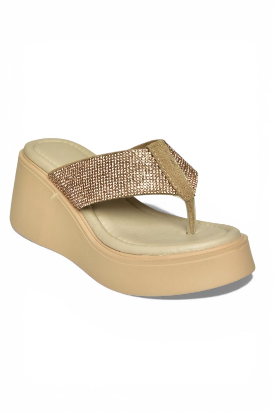 Y973525309 Bej Taş Detaylı Parmak Arası Kalın Tabanlı Kadın Terlik