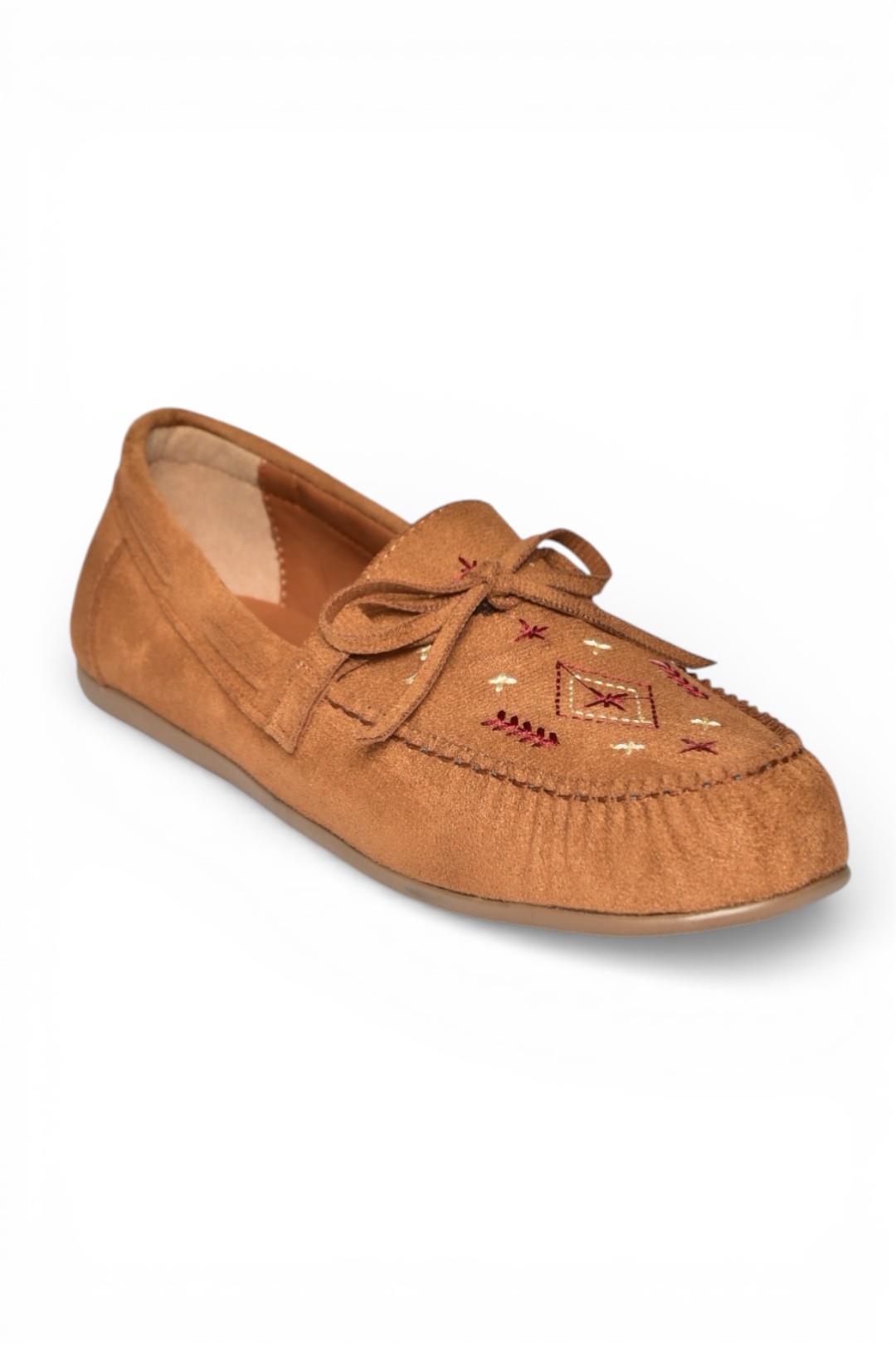 Y996073102 Taba Süet Renkli Motif İşlemeli Kadın Babet