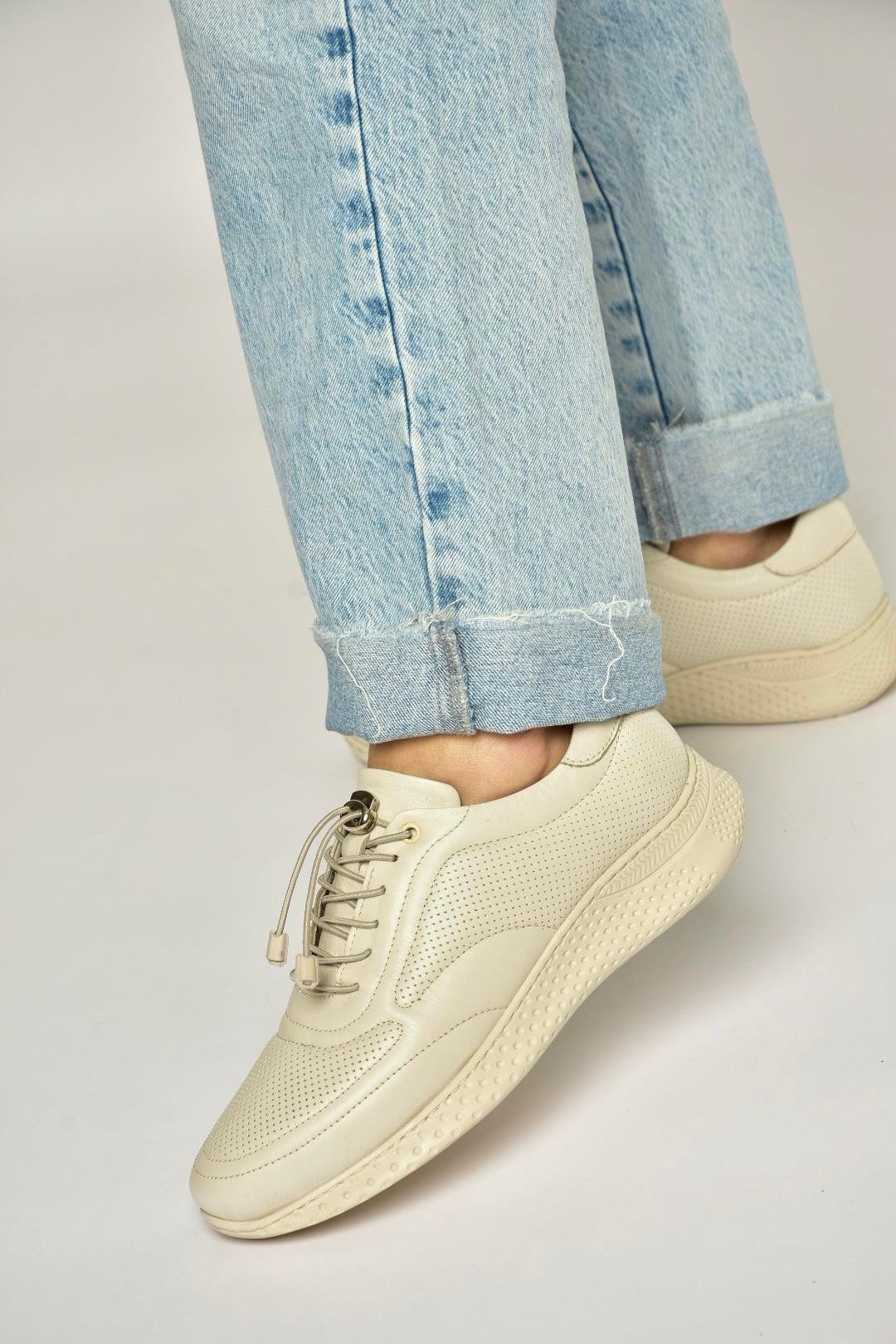 Y999255803 Bej Hakiki Deri Kadın Spor Ayakkabı Sneakers