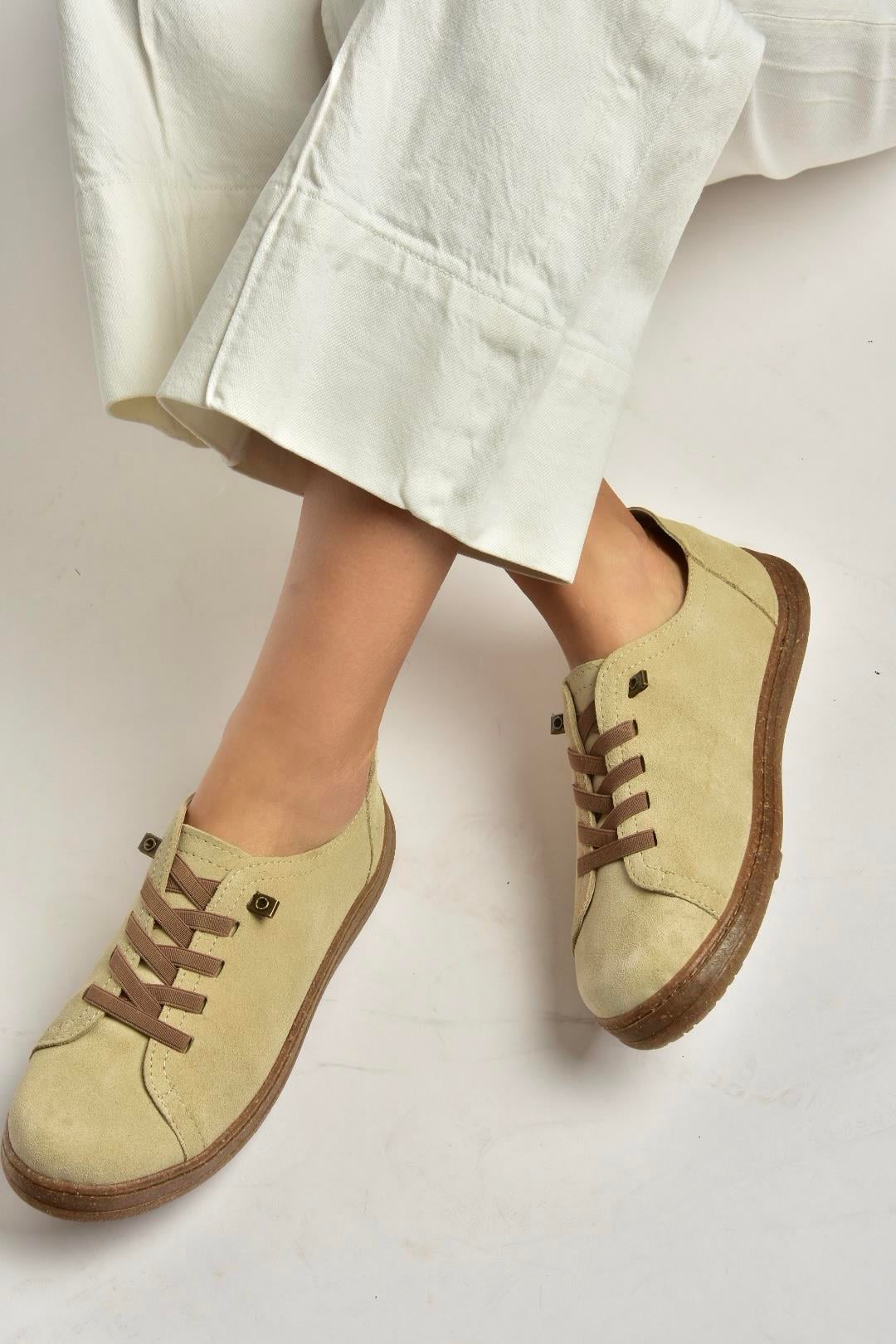 Y999364002 Bej Hakiki Deri Süet Kadın Spor Ayakkabı Sneakers