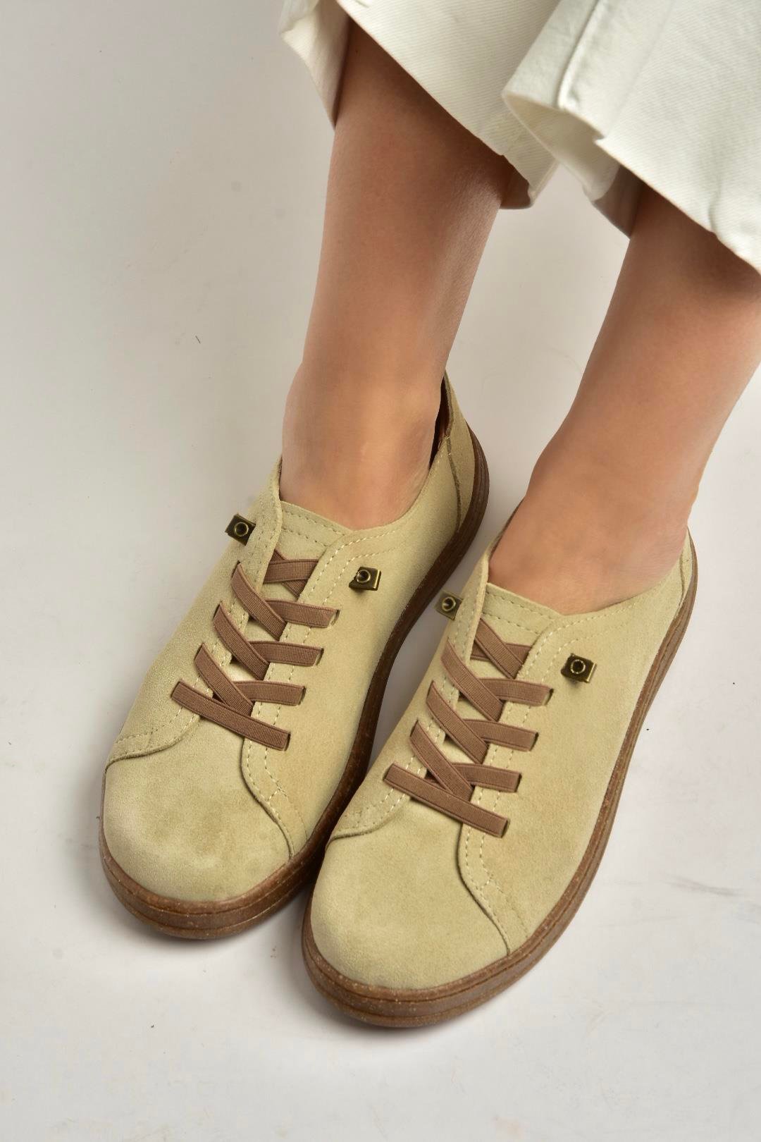 Y999364002 Bej Hakiki Deri Süet Kadın Spor Ayakkabı Sneakers