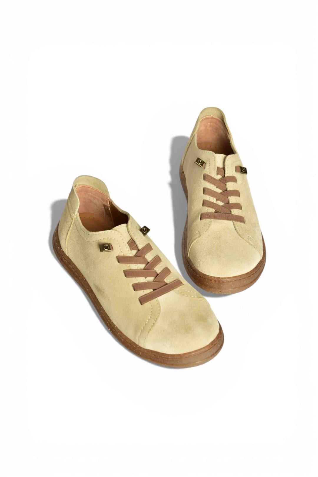 Y999364002 Bej Hakiki Deri Süet Kadın Spor Ayakkabı Sneakers