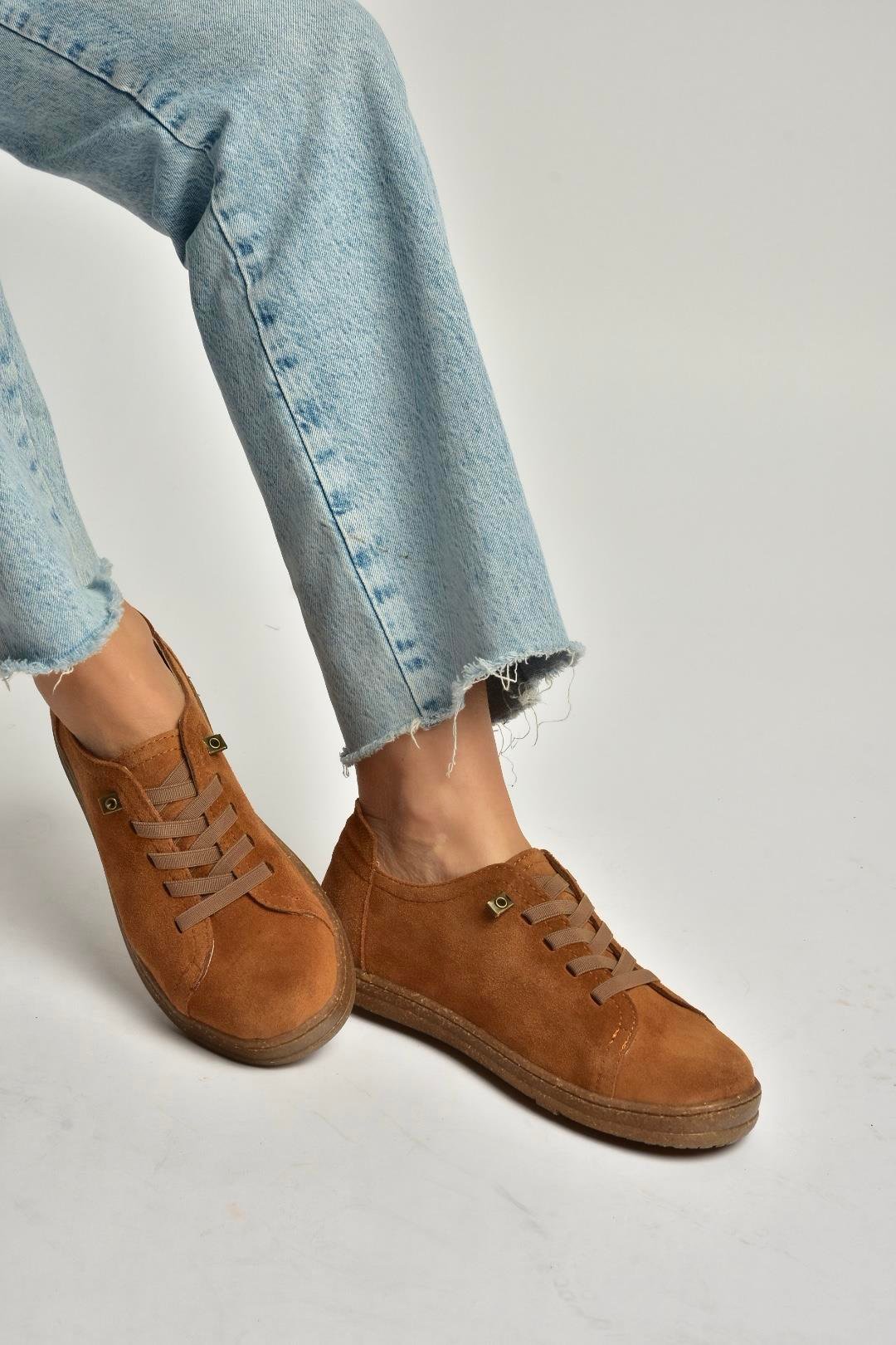 Y999364002 Taba Hakiki Deri Süet Kadın Spor Ayakkabı Sneakers