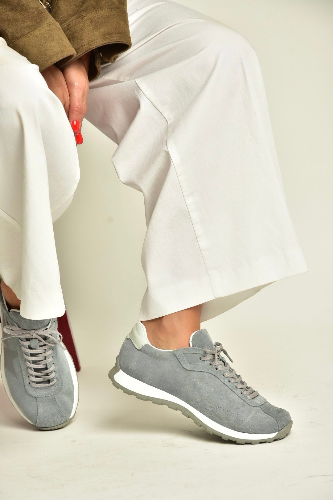 Z312516661 Gri Hakiki Deri Süet Kadın Spor Ayakkabı Sneakers