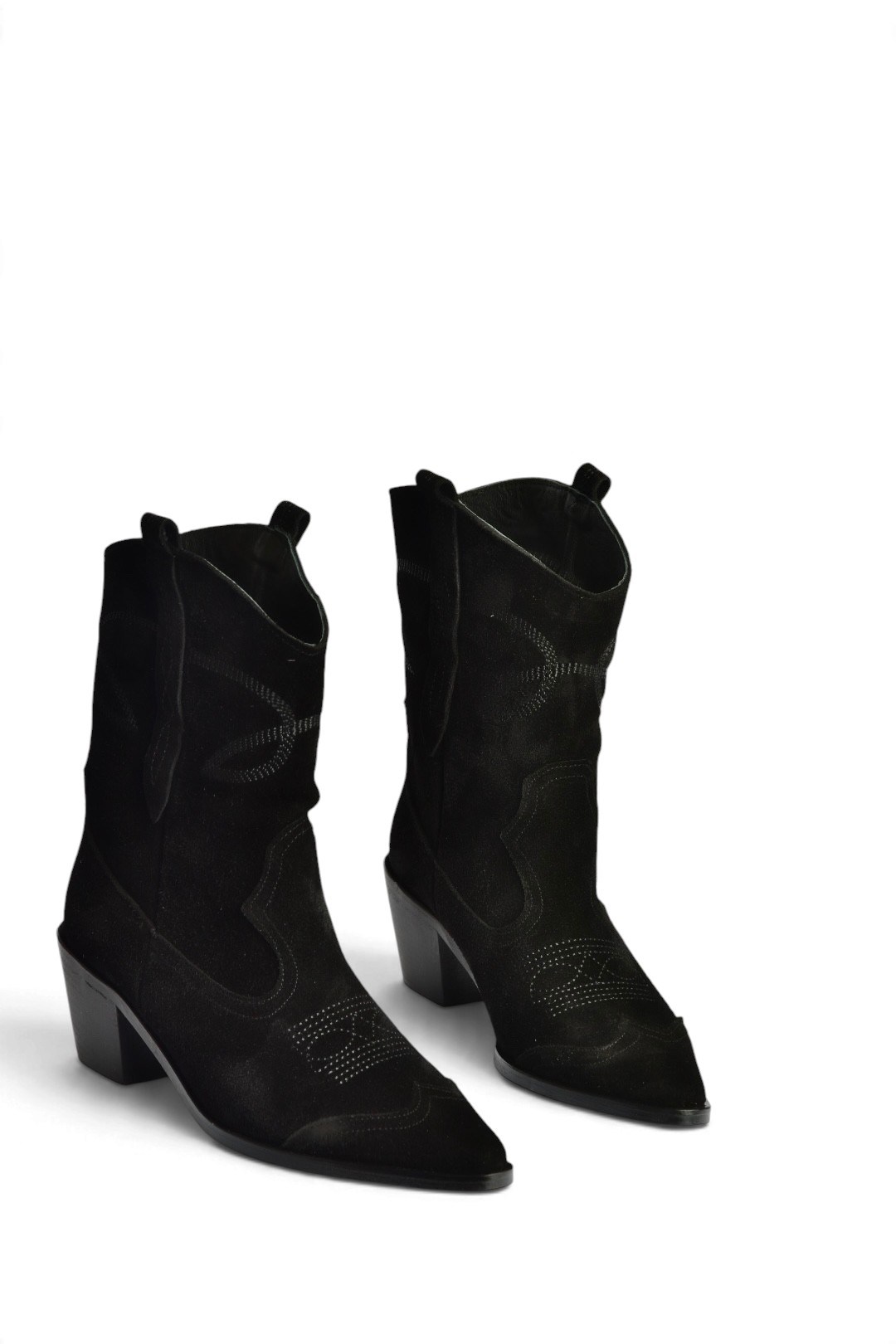 Z654079061 Siyah Hakiki Deri Süet Kovboy Model Alçak Topuklu Çizme