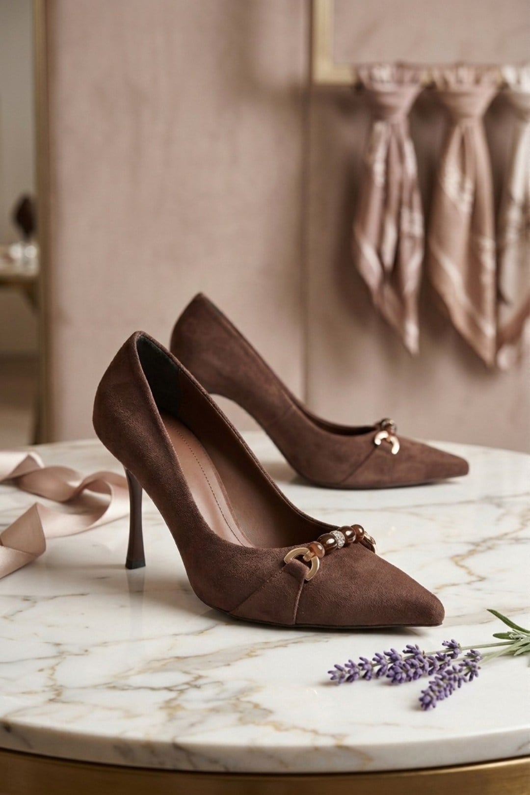 Z676111102 Kahverengi Süet İnce Topuklu Kadın Topuklu Stiletto Ayakkabı