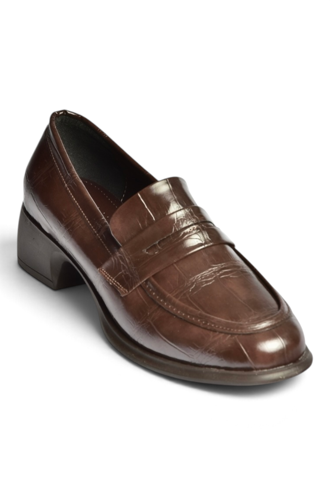 Z820066211 Kahverengi Kroko Baskılı Kalın Topuklu Loafer Ayakkabı